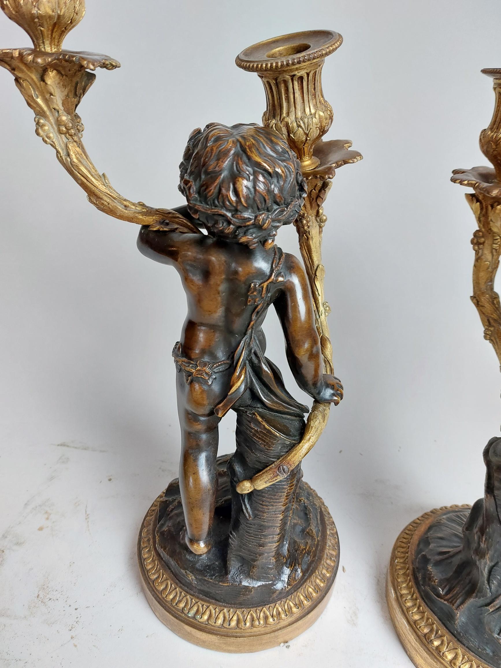 Pair of 19th Century Ormolu Candlestick Holders Held by Bronze Fawns/Cherubs In Good Condition For Sale In London, GB