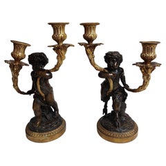 Antique Pair of 19th Century Ormolu Candlestick Holders Held by Bronze Fawns/Cherubs