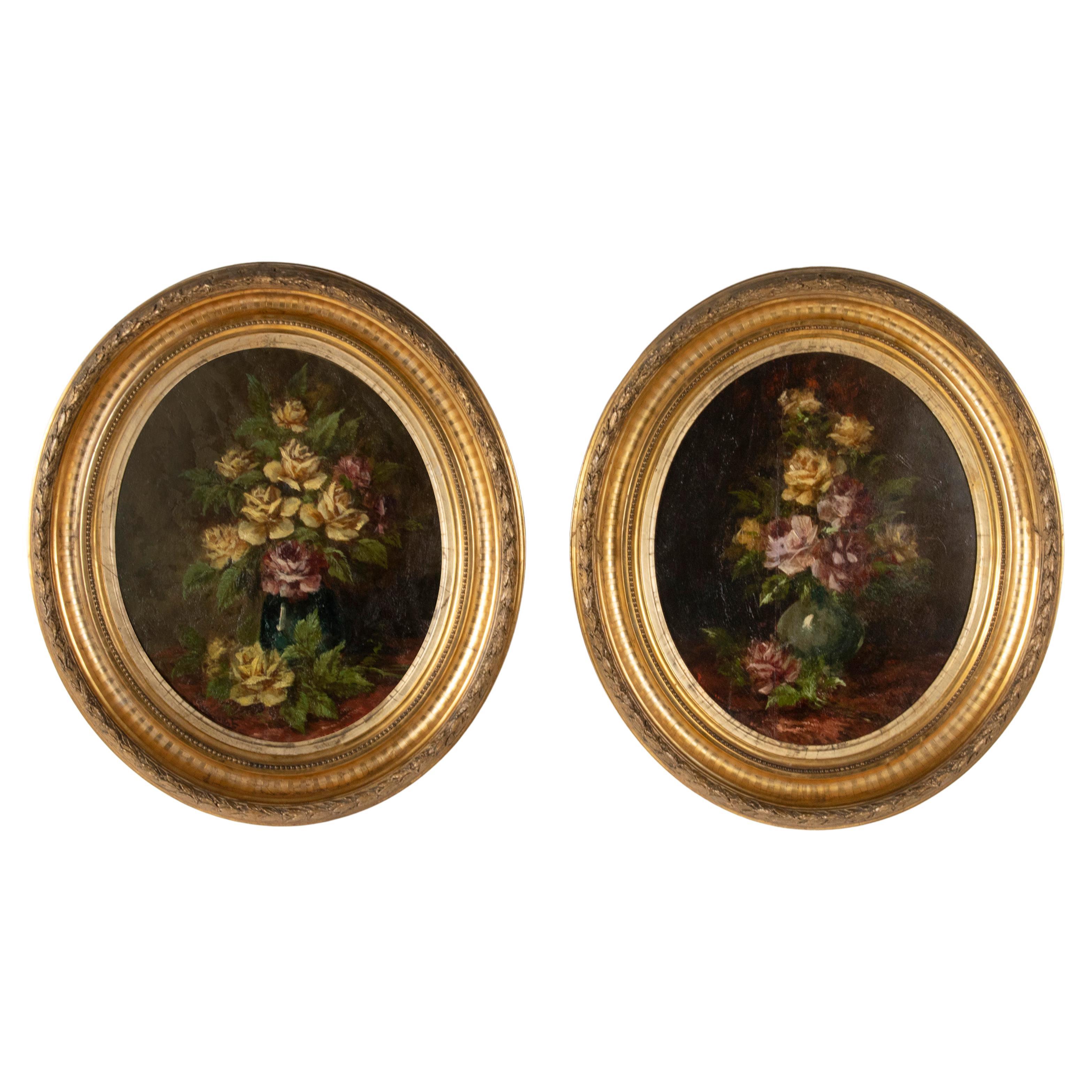 Pair of 19th Century Oval Oil Paintings Flower Still Life on Wooden Panel