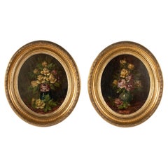 Pair of 19th Century Oval Oil Paintings Flower Still Life on Wooden Panel