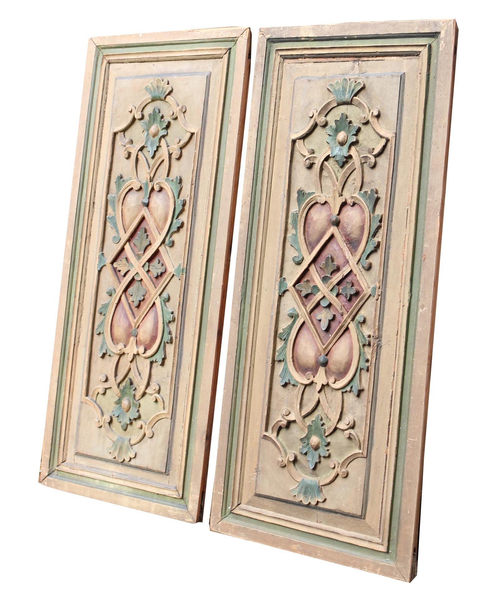 Pair of 19th Century Painted Carved Panels For Sale at 1stDibs