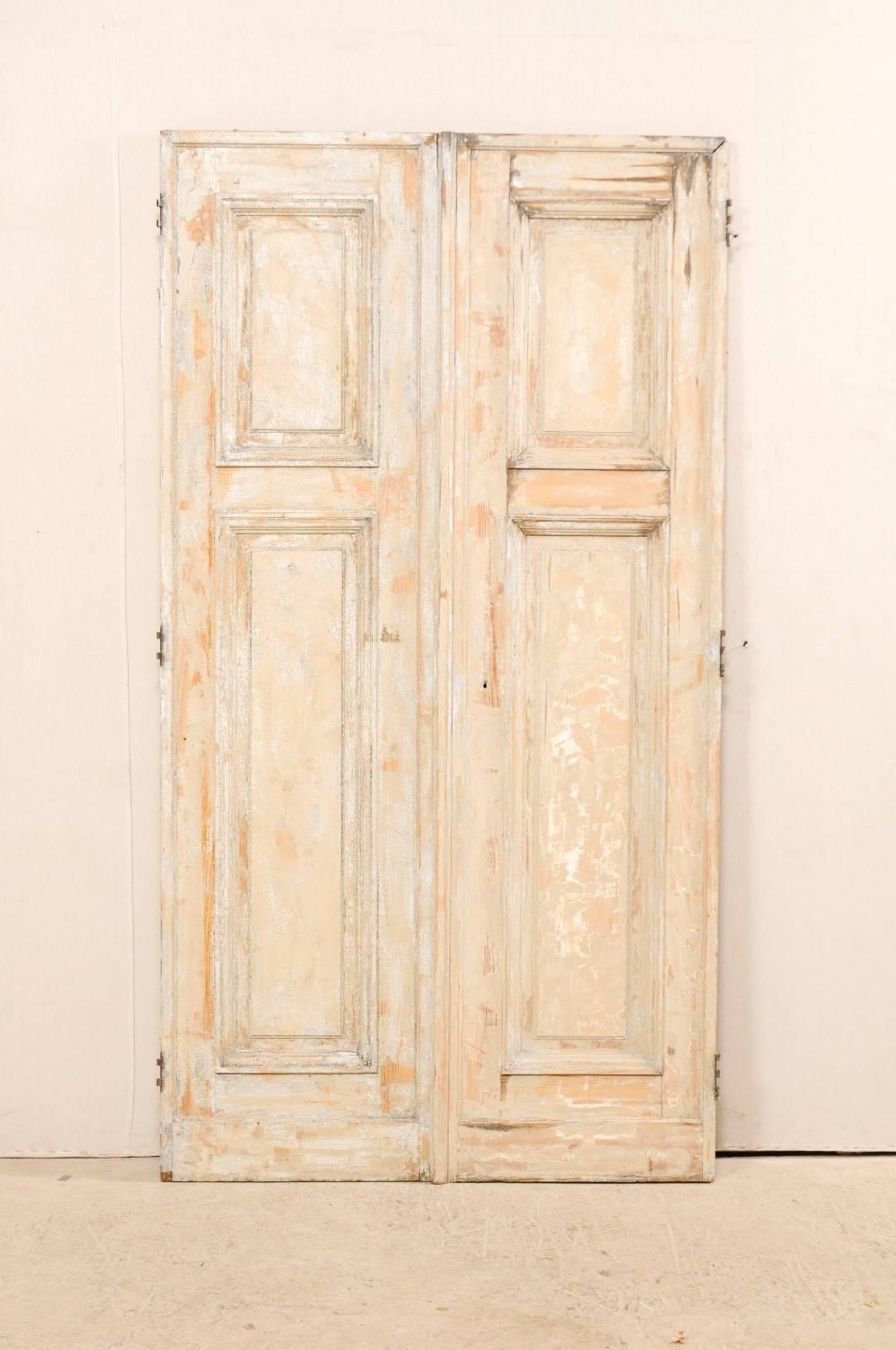 Carved Pair of 19th Century Painted Wood French Doors with Nice Recessed Panels
