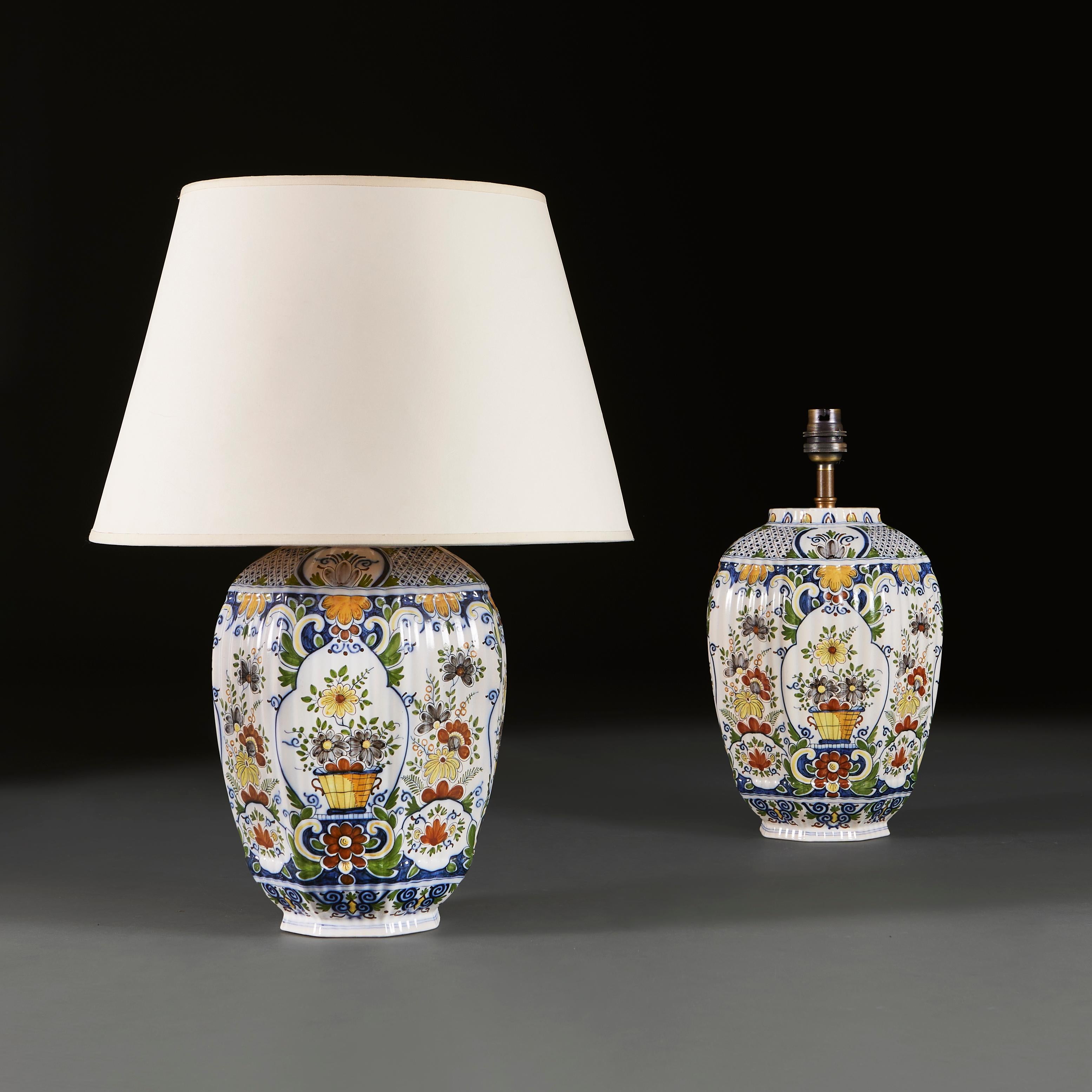 Low countries, circa 1880

A pair of late nineteenth century octagonal faceted Delft vases of large scale, with polychrome floral decorations throughout in the traditional cashmere palette, now mounted as lamps.

Height 35.00cm
Diameter