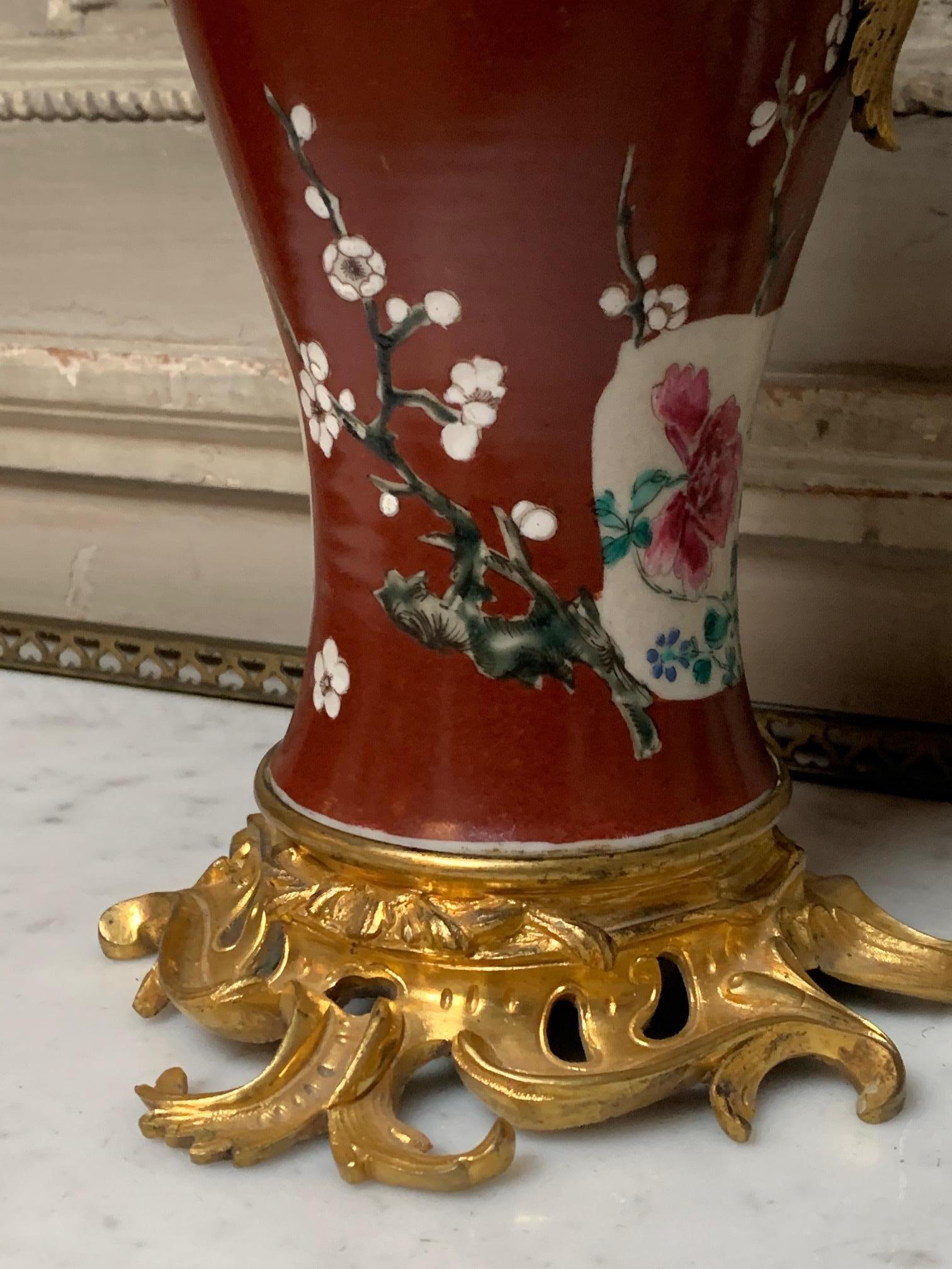 Pair of 19th Century Red Chinese Porcelain Vases with French Bronze Mounts 8
