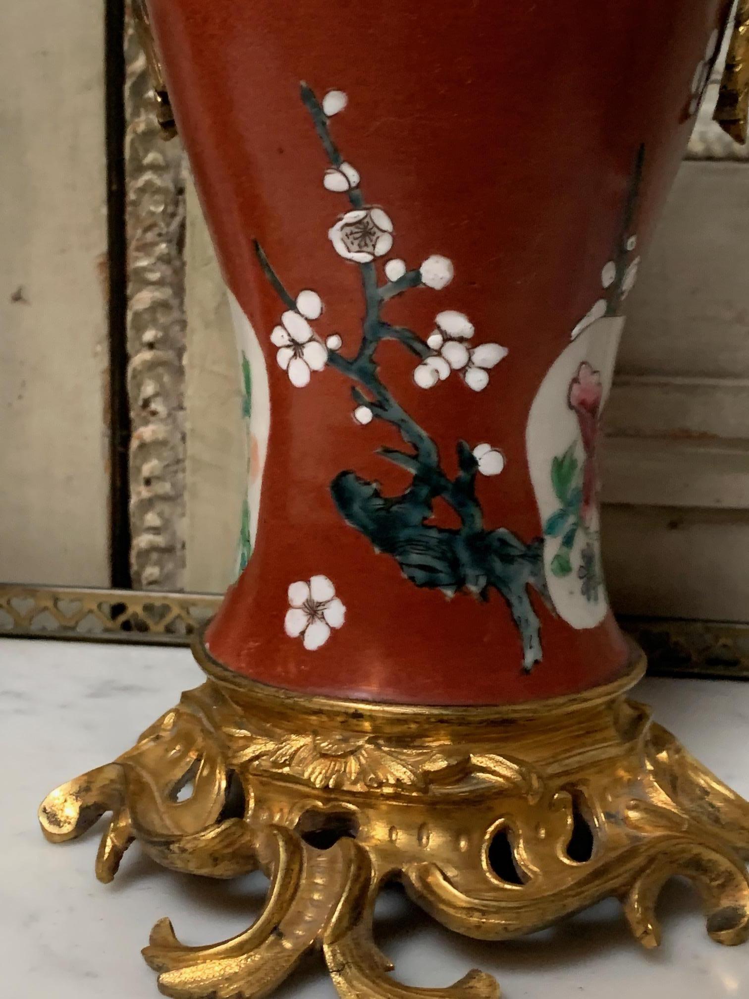 Pair of 19th Century Red Chinese Porcelain Vases with French Bronze Mounts 9