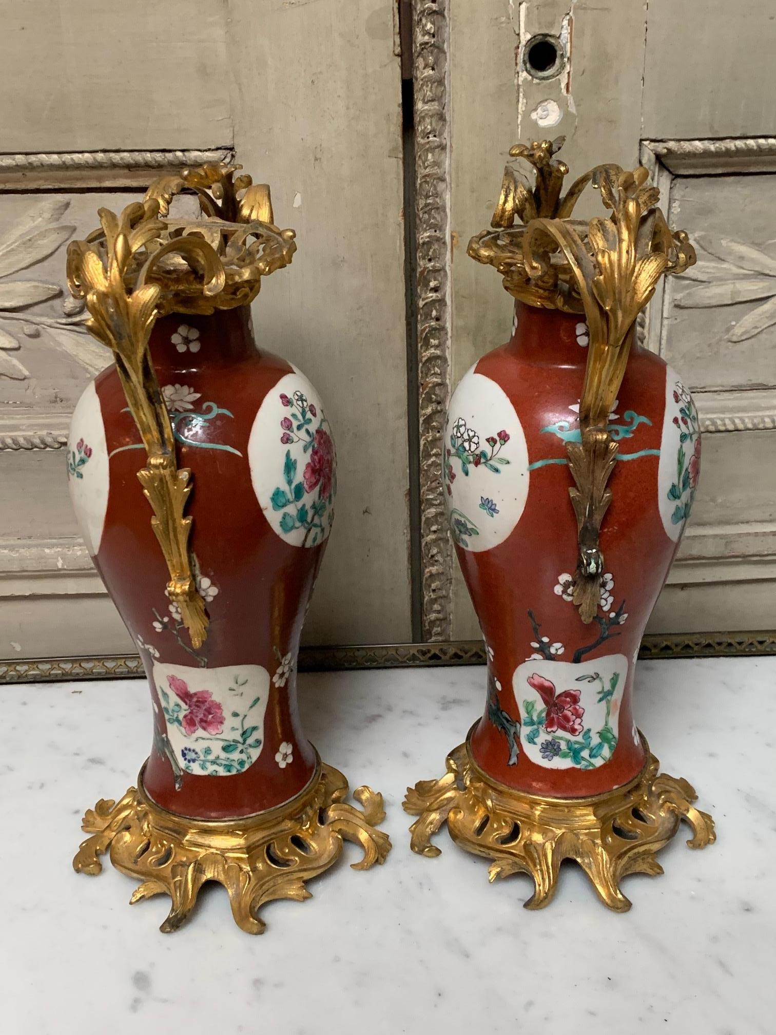 Chinese Export Pair of 19th Century Red Chinese Porcelain Vases with French Bronze Mounts