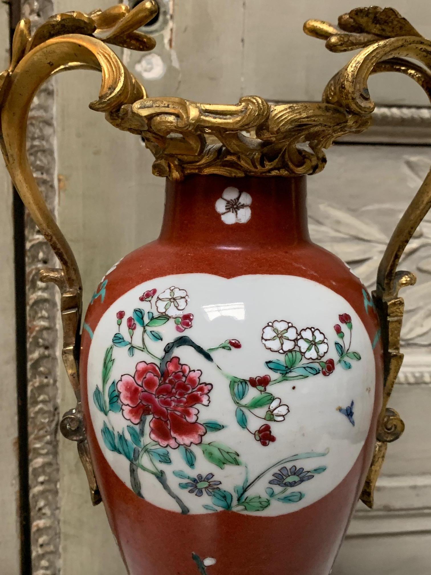 Pair of 19th Century Red Chinese Porcelain Vases with French Bronze Mounts In Good Condition In Dallas, TX