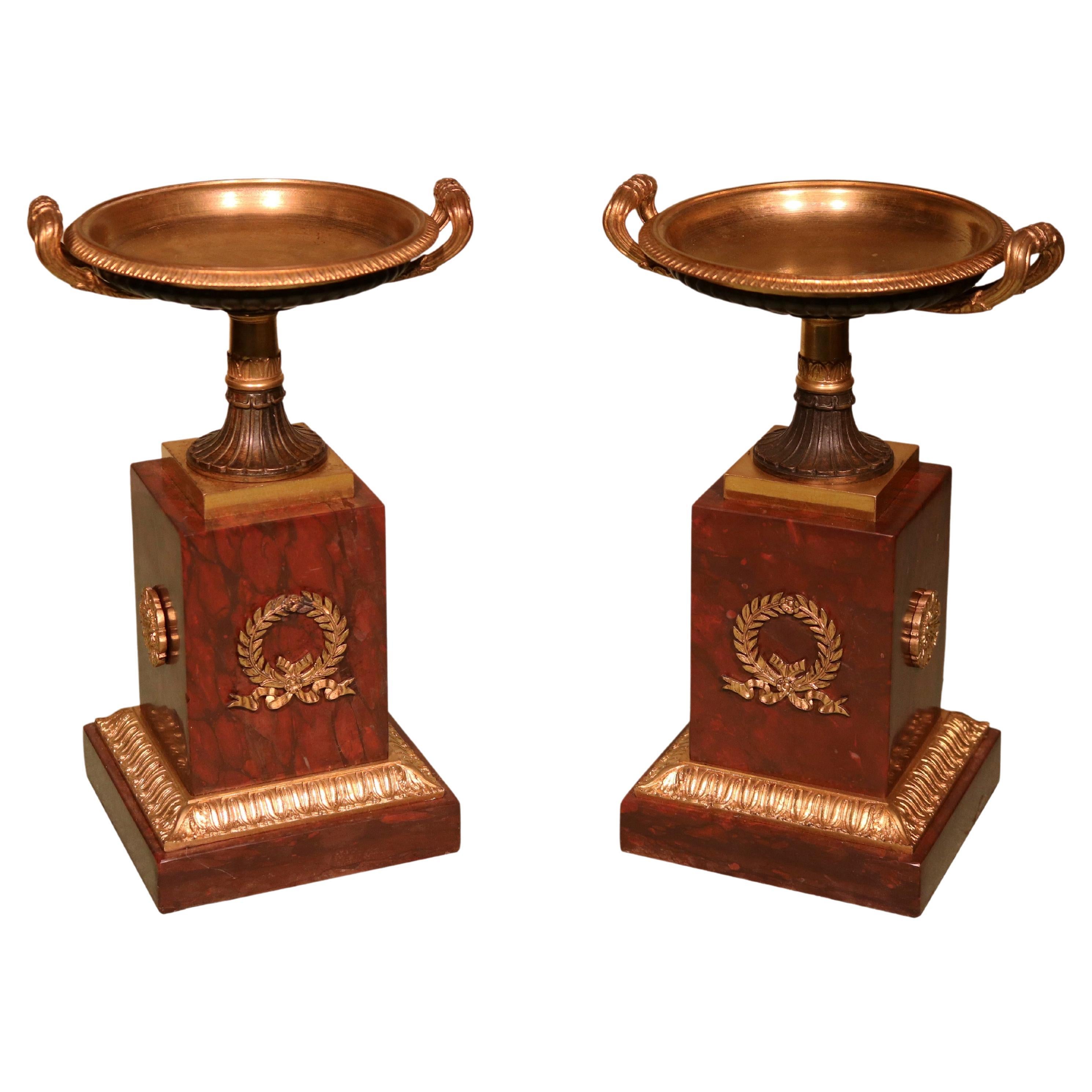 Pair of 19th Century Red Marble and Bronze Regency Period Tazzas For Sale