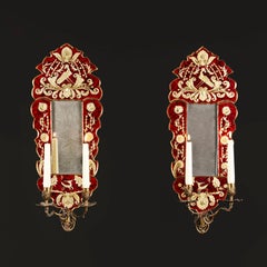 Pair of 19th Century Red Verre Eglomise Girandoles or Sconces