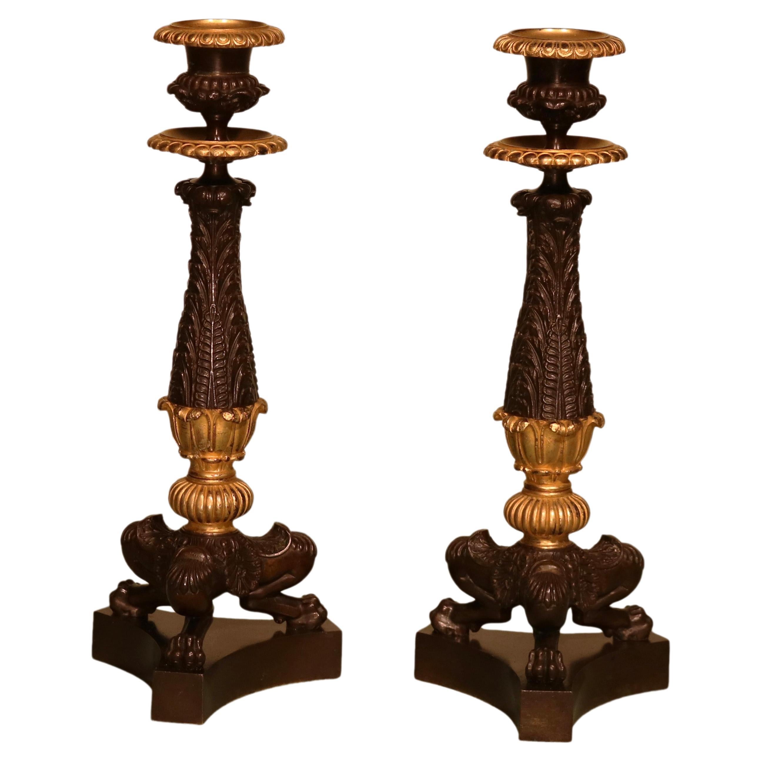 Pair of 19th Century Regency Period Bronze and Ormolu Candlesticks For Sale