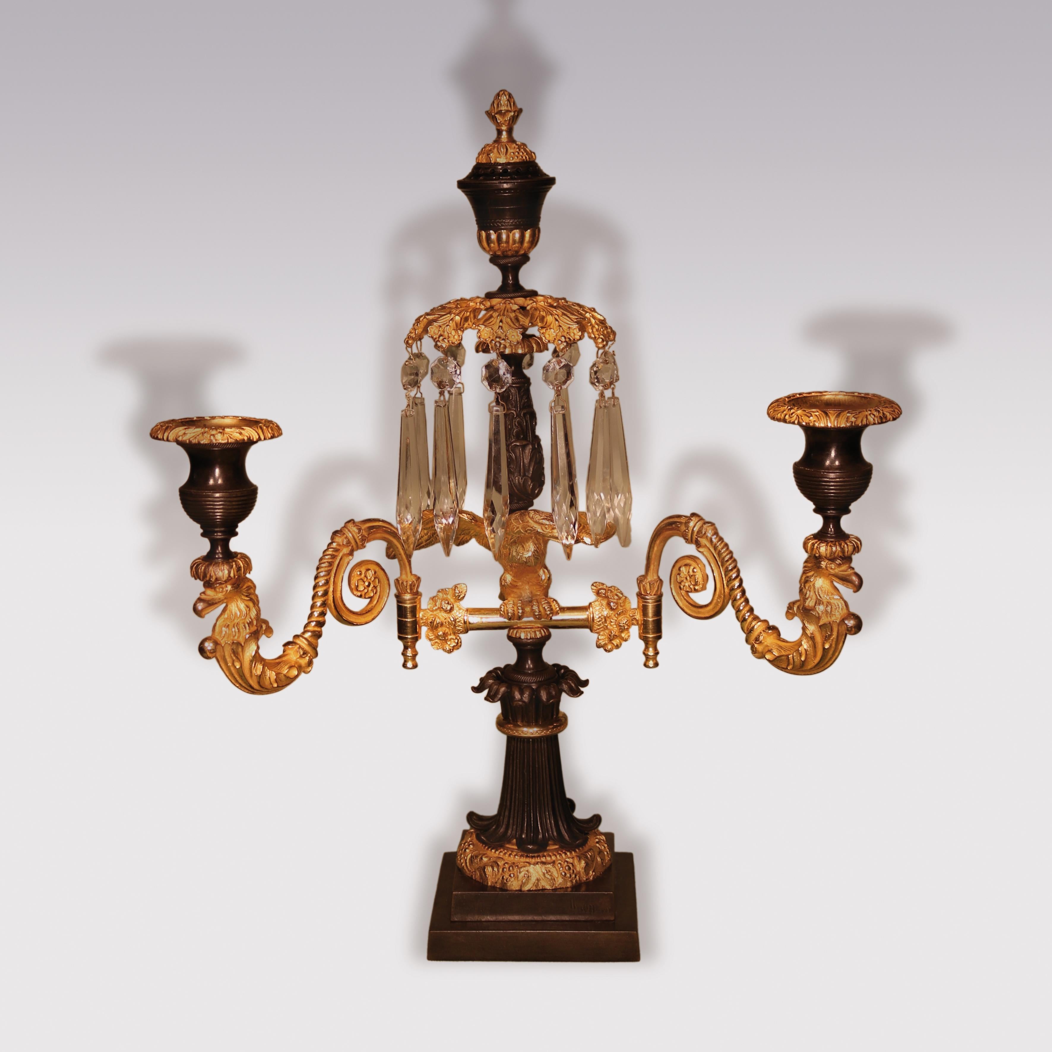 English Pair of 19th Century Regency Period Bronze and Ormolu Two Light Candelabra