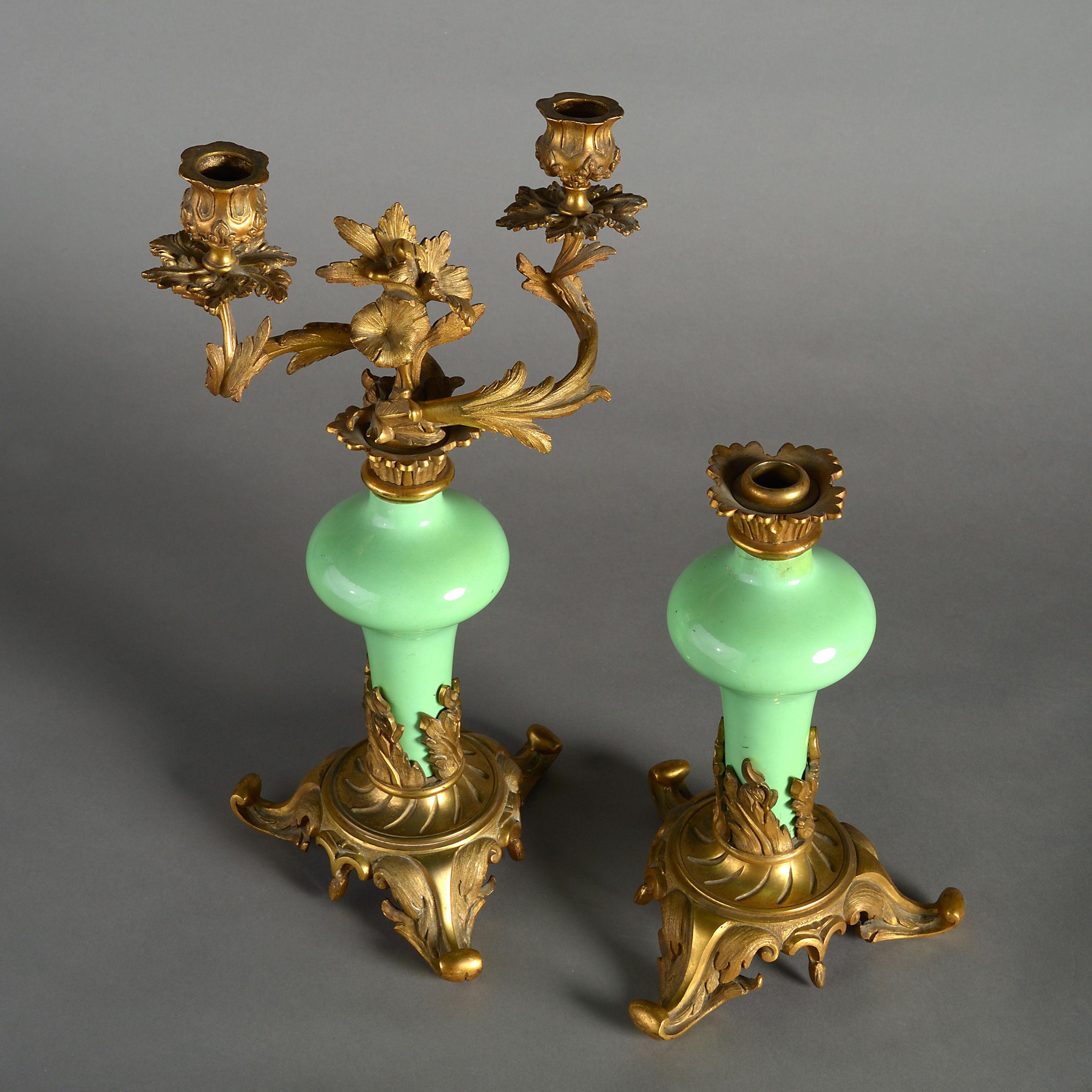 French Pair of 19th Century Rococo Porcelain and Ormolu Candelabra