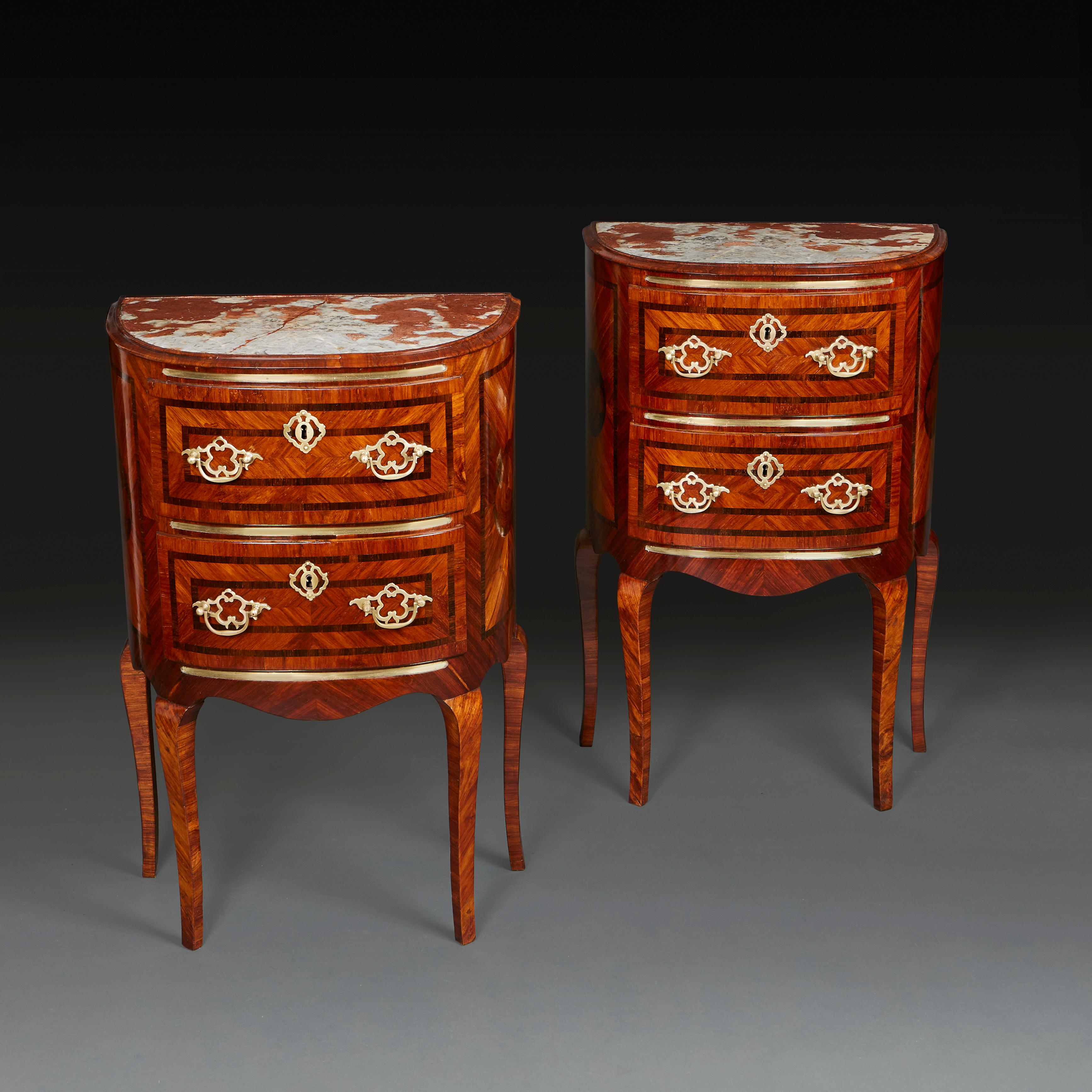 Italian A Pair of 19th Century Roman Bedside Tables with Marquetry and Marble Tops For Sale