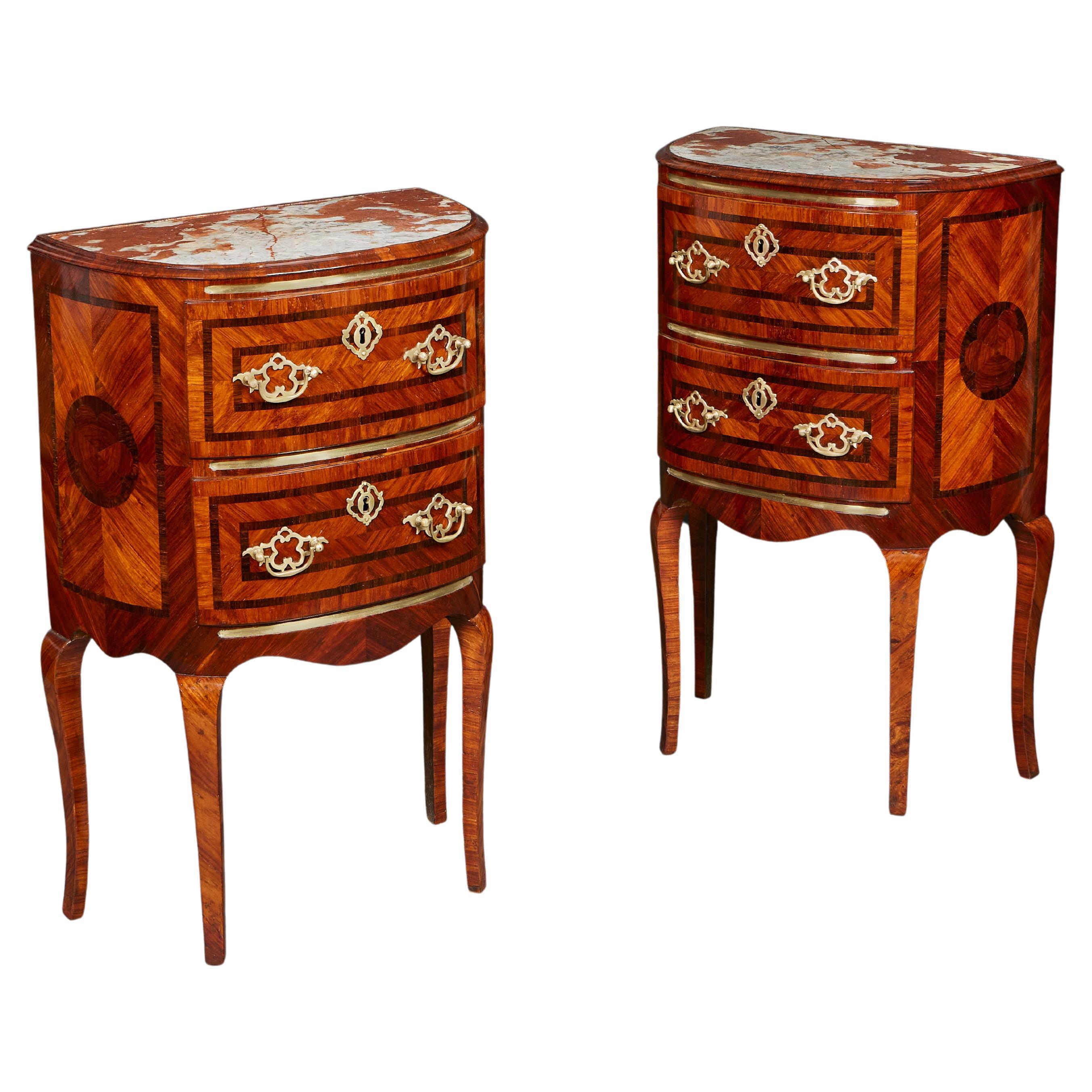 A Pair of 19th Century Roman Bedside Tables with Marquetry and Marble Tops