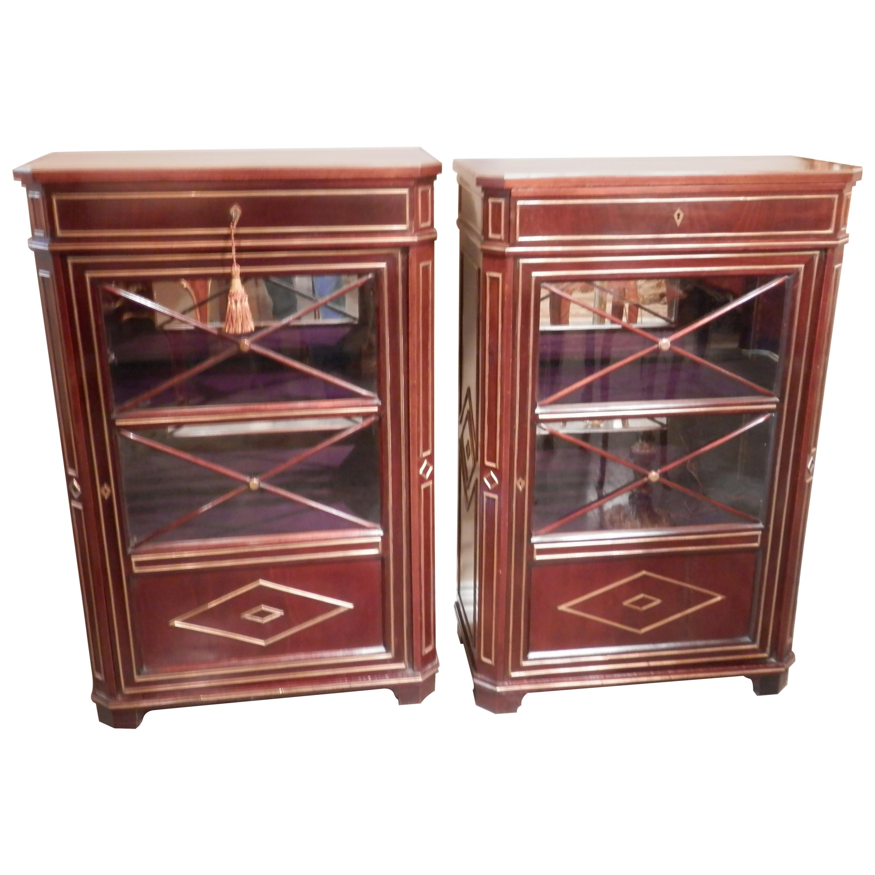 Pair of 19th Century Russian Mahogany and Brass Inlayed Cabinets