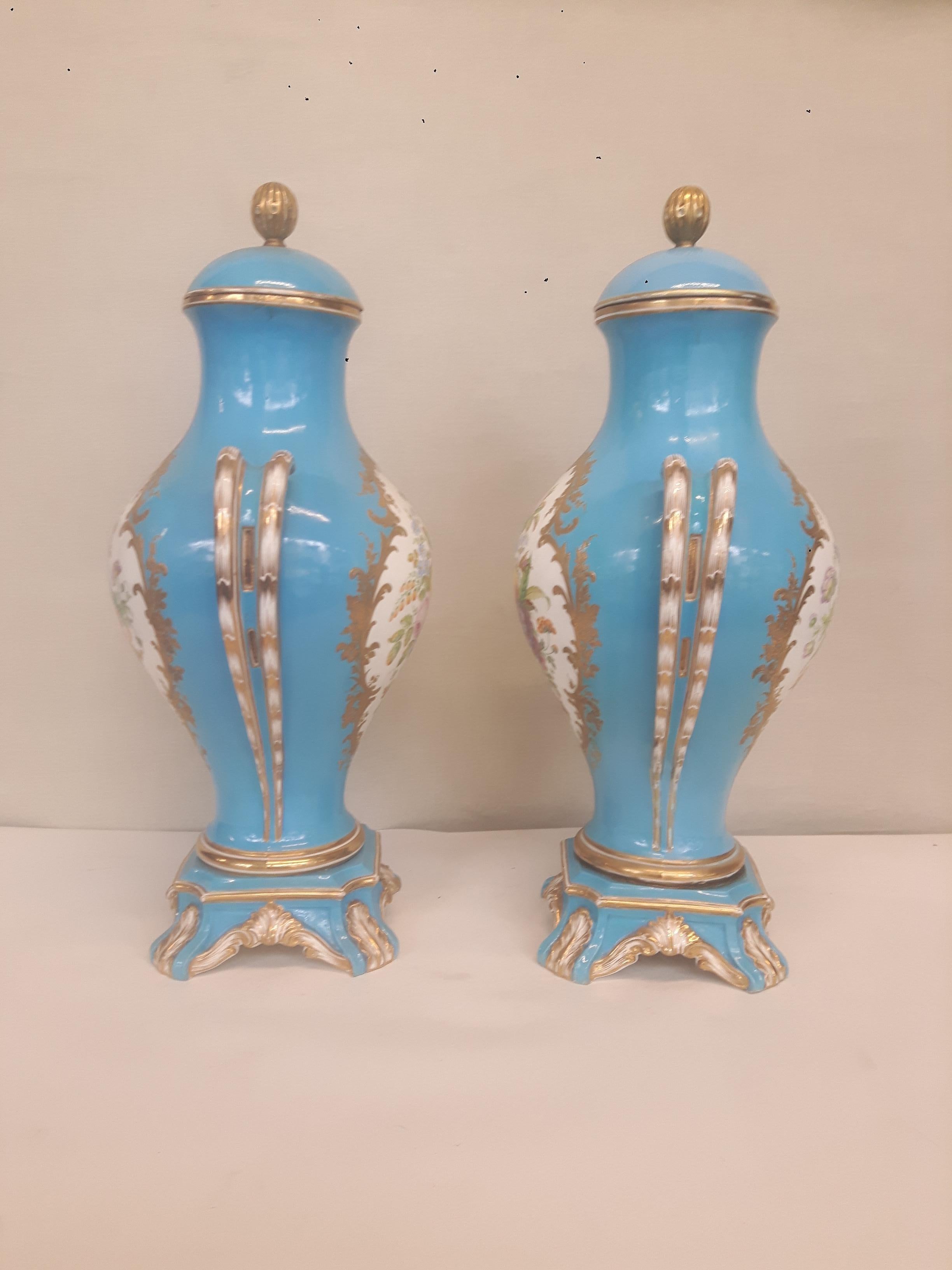 A pair of severe style bleu celeste baluster vases and domed covers with winged handles, supported on square foot bases. Very finely painted with fruit and flowers with gilt cartouches.