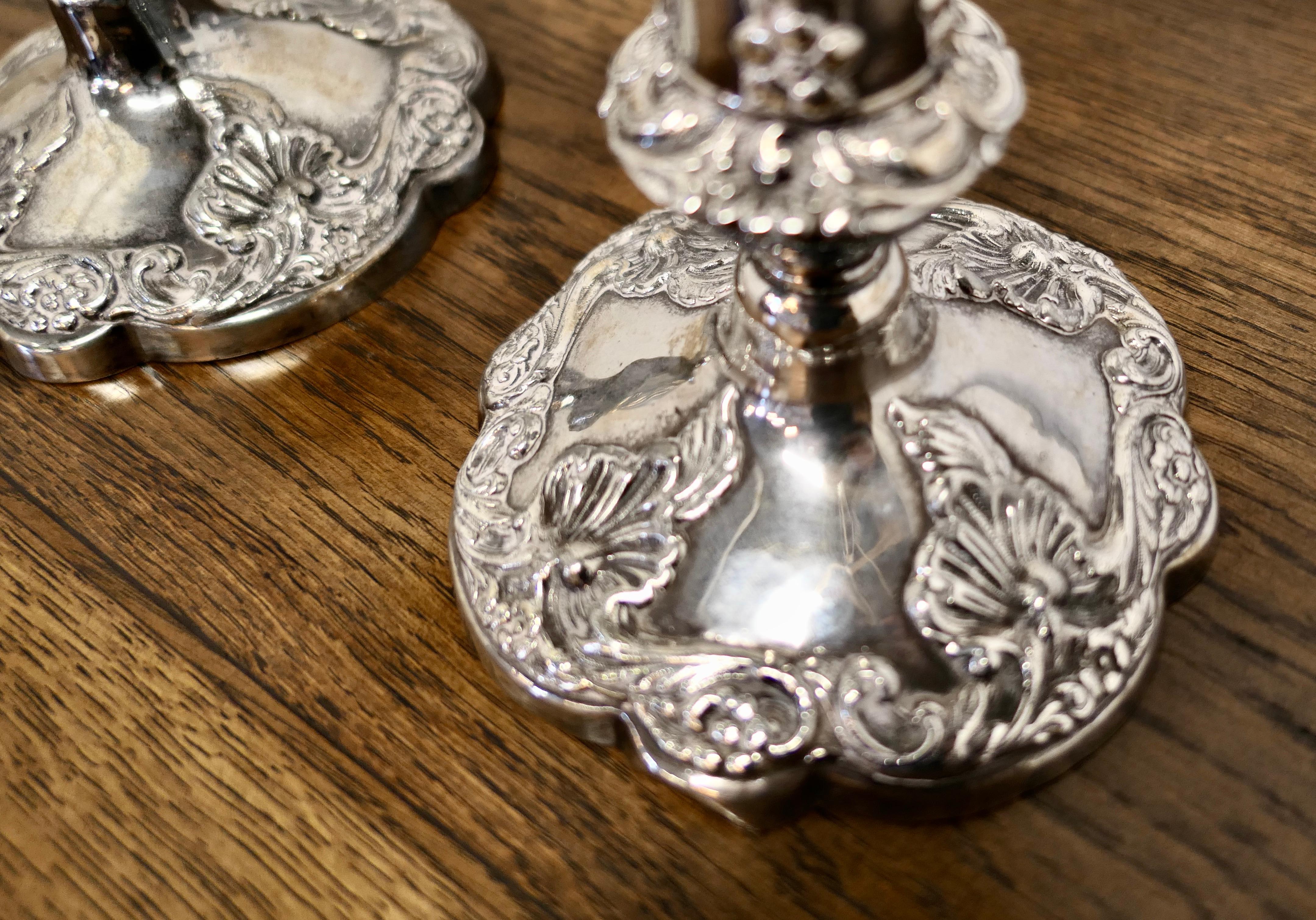 Late 19th Century Pair of 19th Century Silver Plated Candle Sticks For Sale