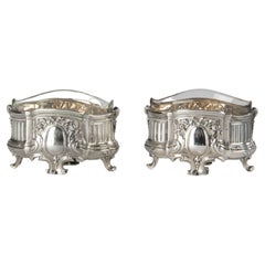 Paire de salières en argent du 19ème siècle avec revêtements en cristal marqués Delheid