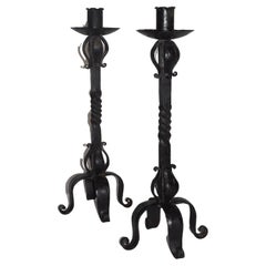 Antique Pair of 19th Century Spanish Black Wrought Iron Candlesticks