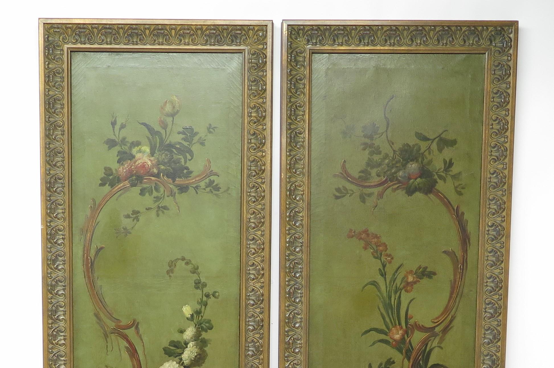 A Pair of 19th Century tall painted panels, oil on canvas, finely painted with flowers, folager and scolly, framed. Circa 1860. England.

MEASUREMENTS:

Frame 106