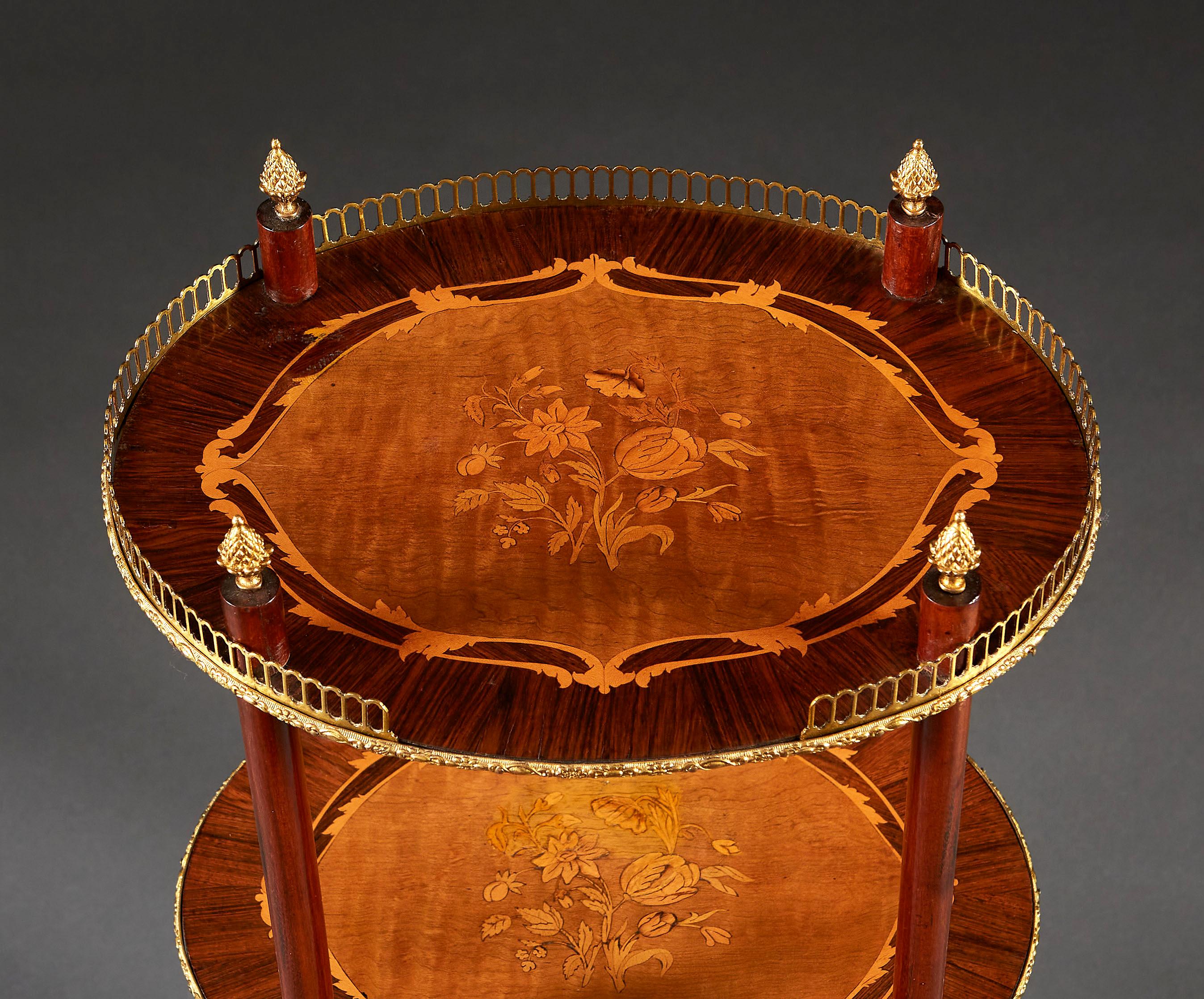 English A Pair of 19th Century Three Tier Marquetry Etageres with Brass Galleries