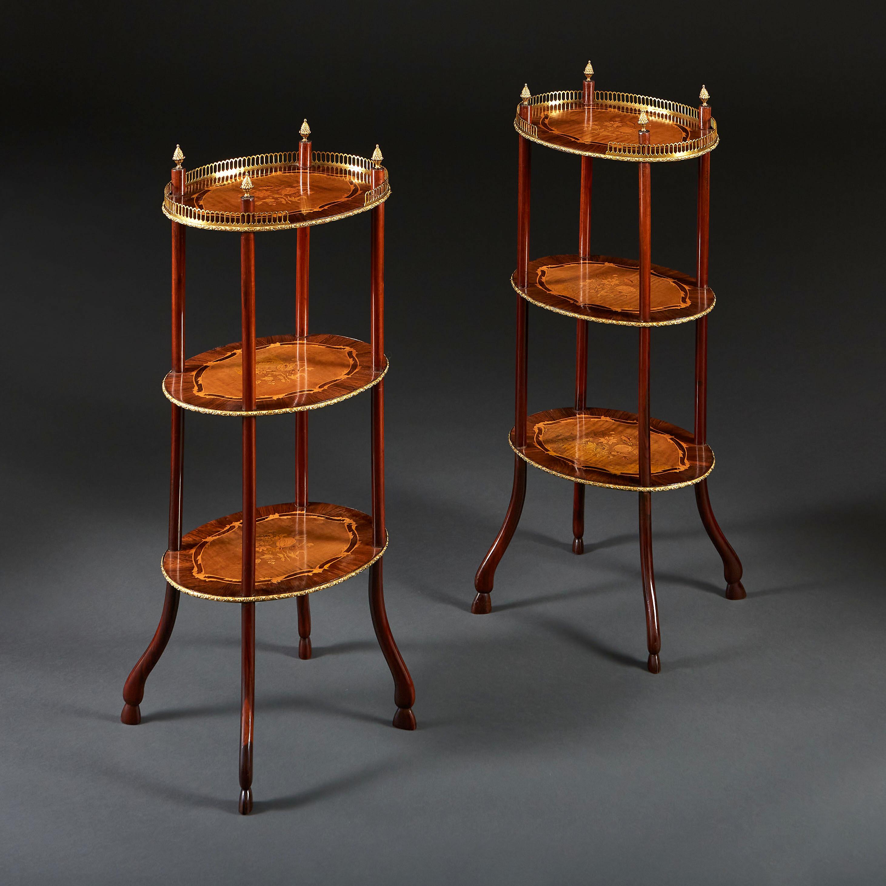 A Pair of 19th Century Three Tier Marquetry Etageres with Brass Galleries 1