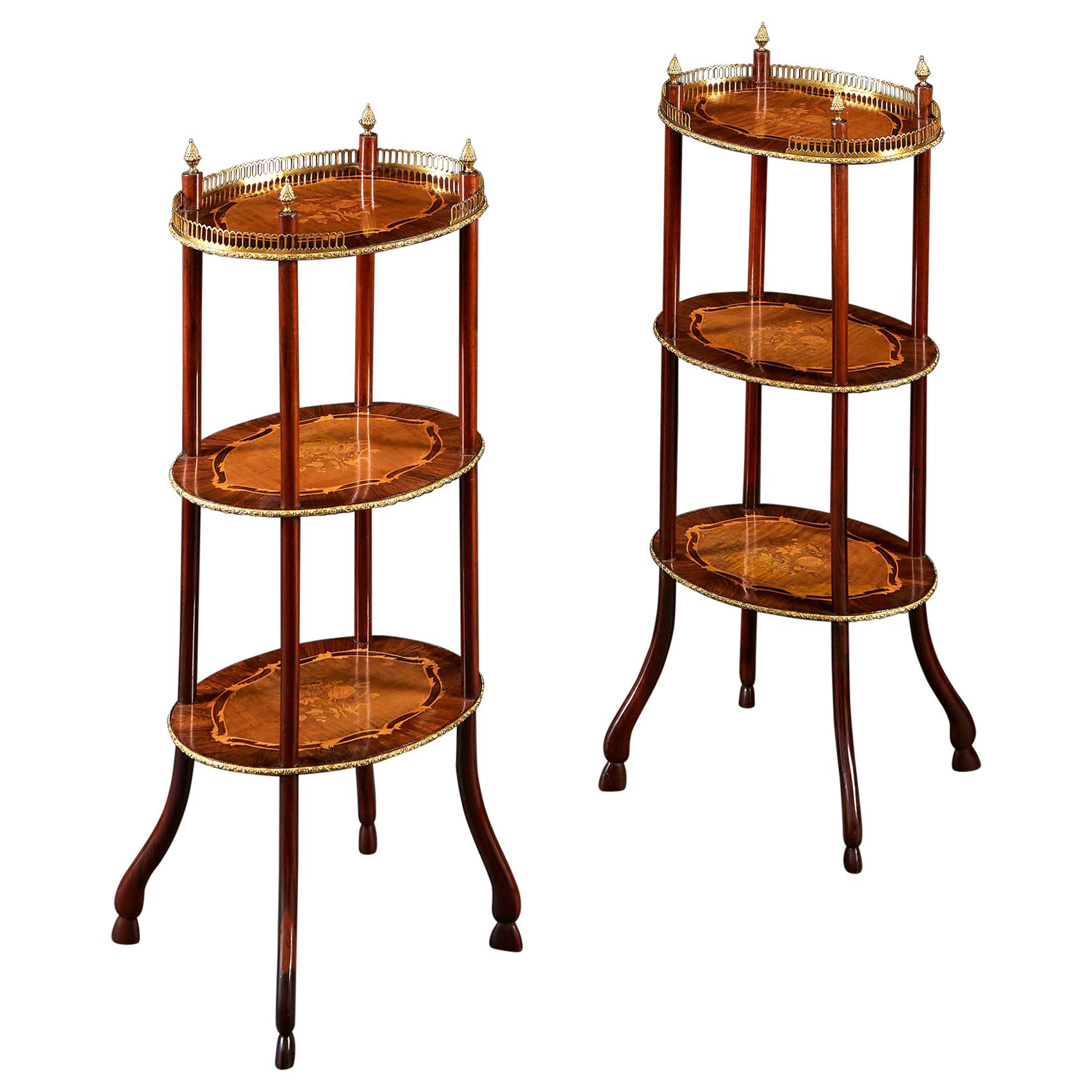 A Pair of 19th Century Three Tier Marquetry Etageres with Brass Galleries