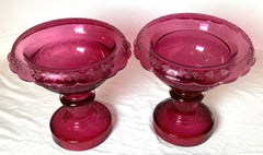 Pair of 19th Century Victorian Cranberry Glass Pedestal Bowl Compotes