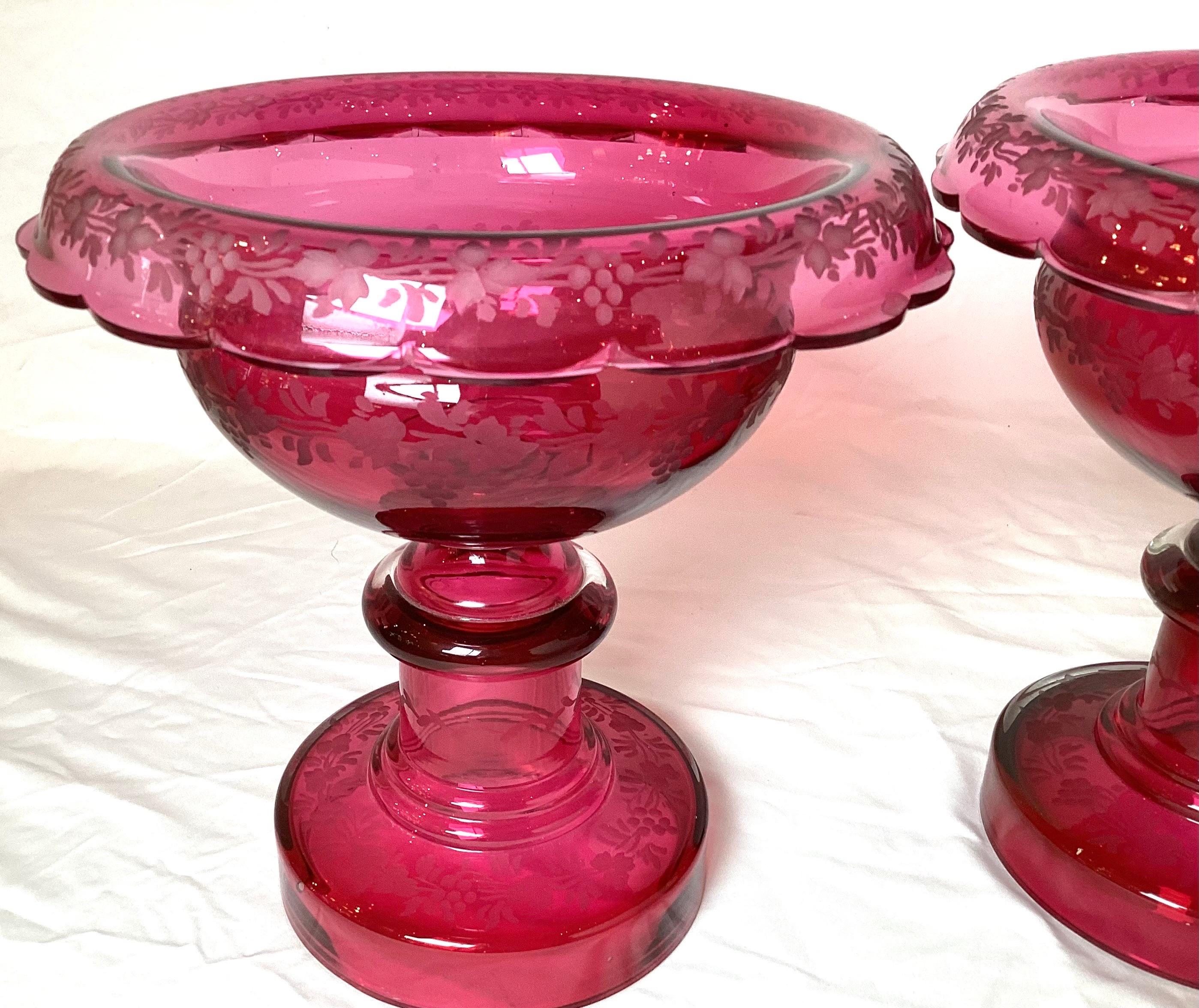 Engraved Pair of 19th Century Victorian Cranberry Glass Pedestal Bowl Compotes For Sale