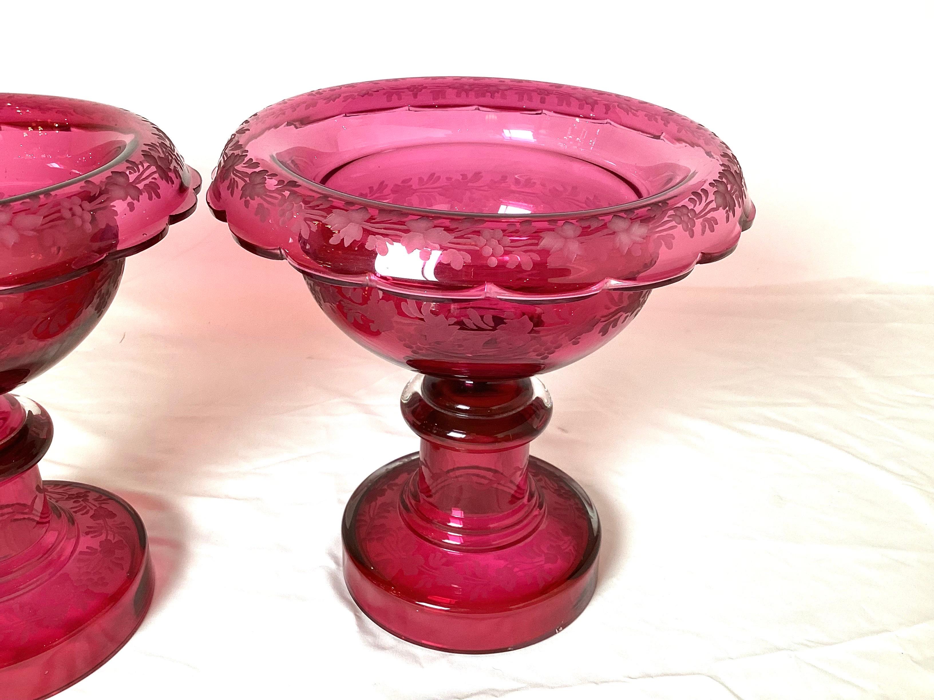 Pair of 19th Century Victorian Cranberry Glass Pedestal Bowl Compotes In Excellent Condition For Sale In Lambertville, NJ