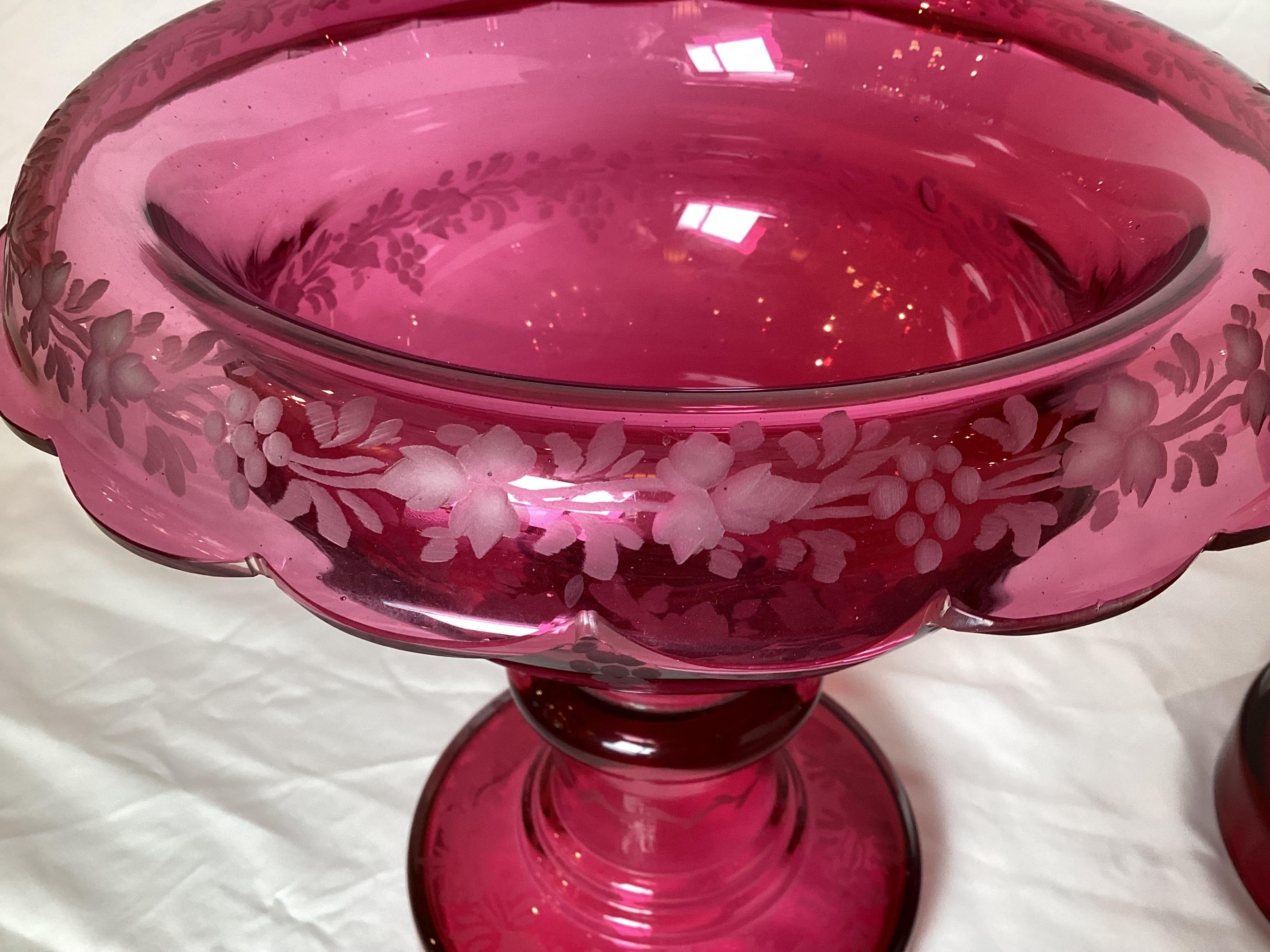 Pair of 19th Century Victorian Cranberry Glass Pedestal Bowl Compotes For Sale 1