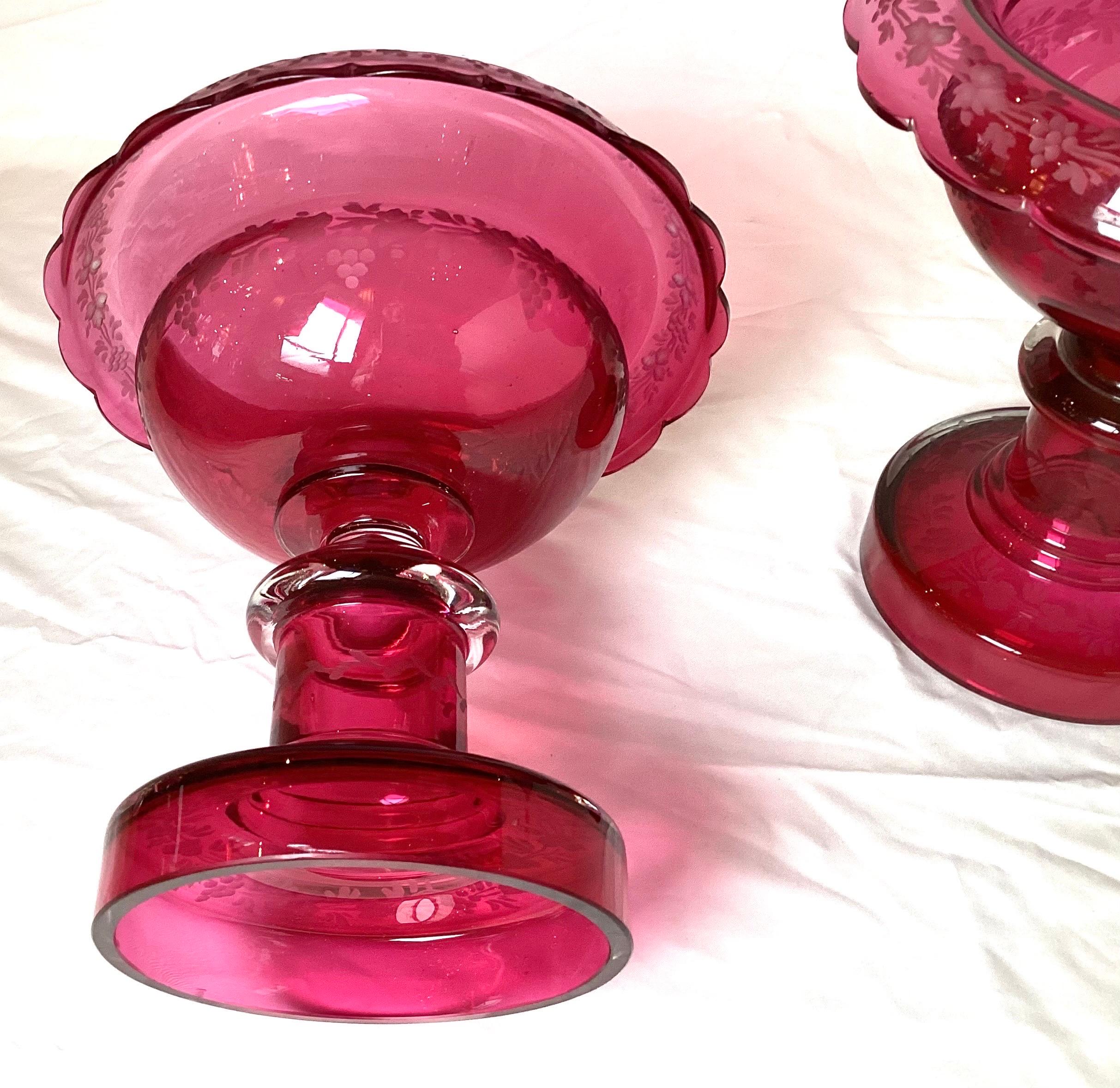 Pair of 19th Century Victorian Cranberry Glass Pedestal Bowl Compotes For Sale 2