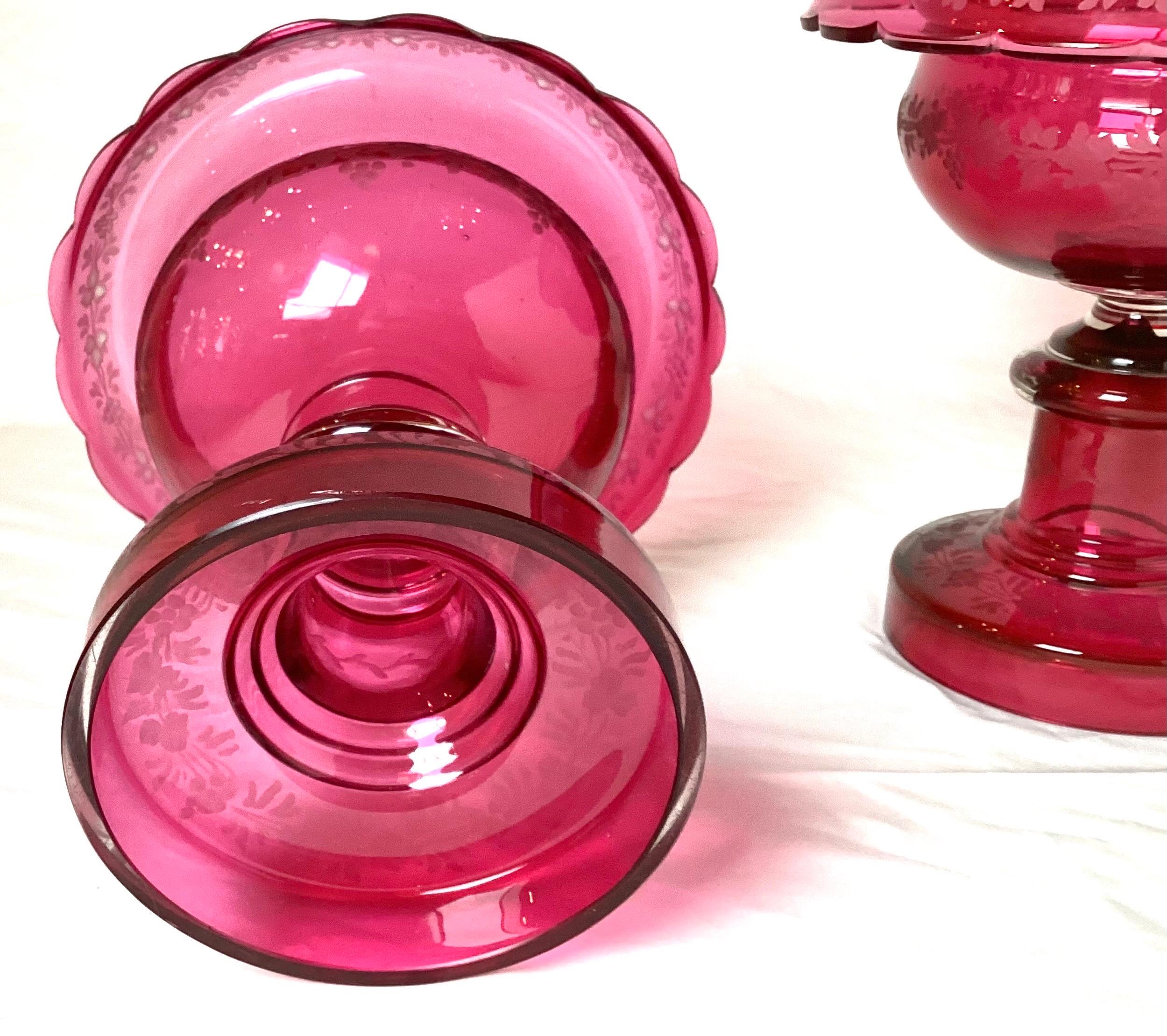 Pair of 19th Century Victorian Cranberry Glass Pedestal Bowl Compotes For Sale 3