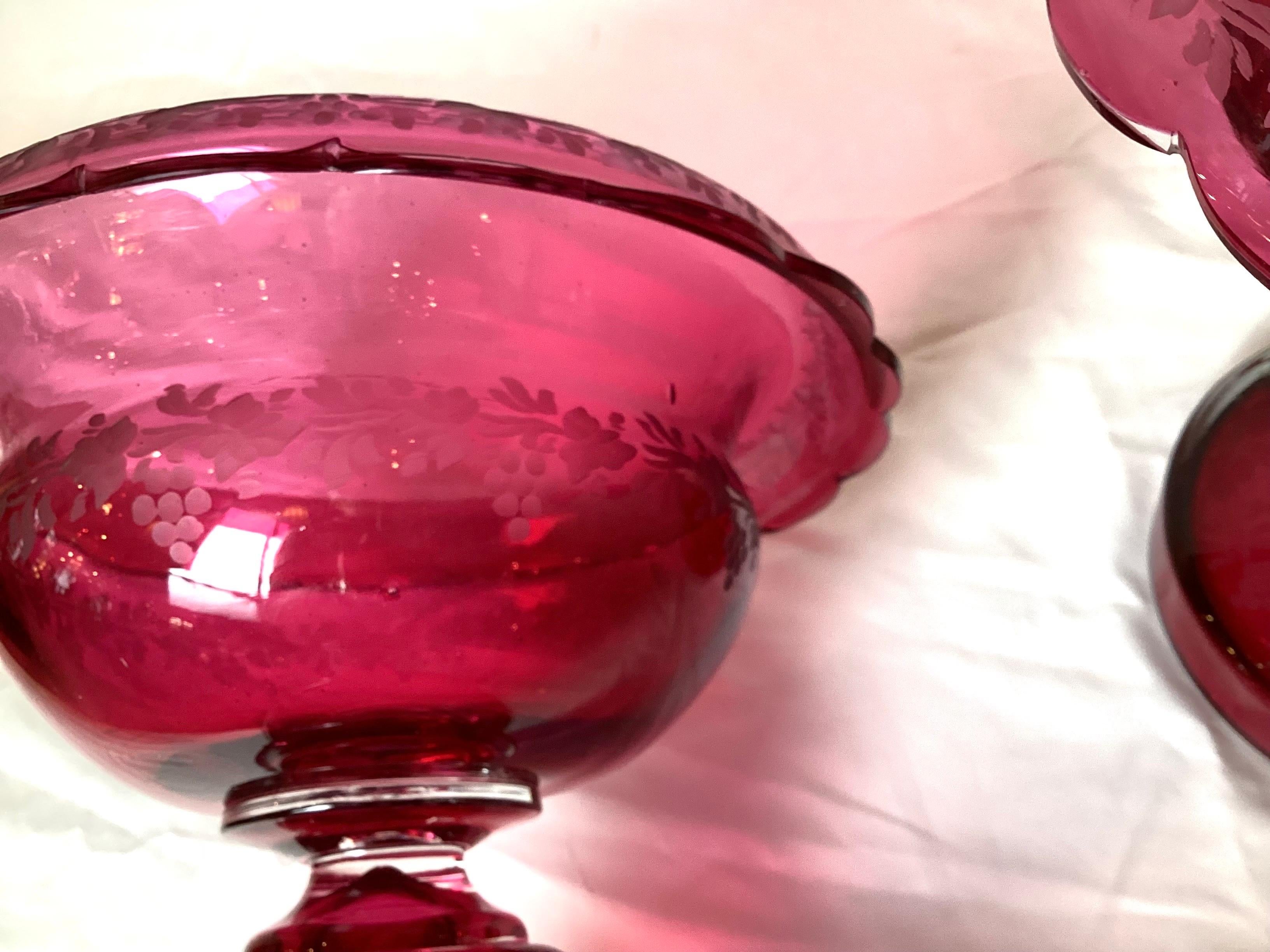 Pair of 19th Century Victorian Cranberry Glass Pedestal Bowl Compotes For Sale 4