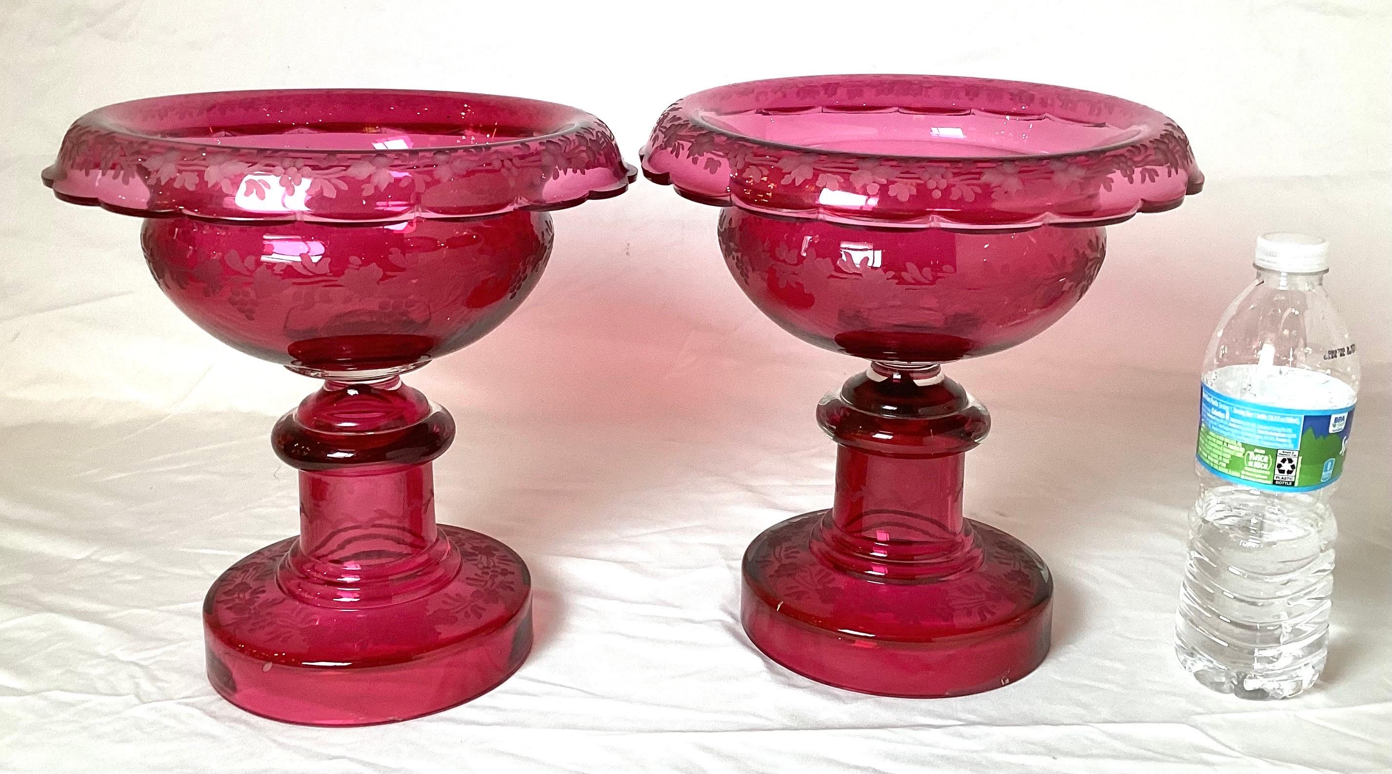 Pair of 19th Century Victorian Cranberry Glass Pedestal Bowl Compotes For Sale 5
