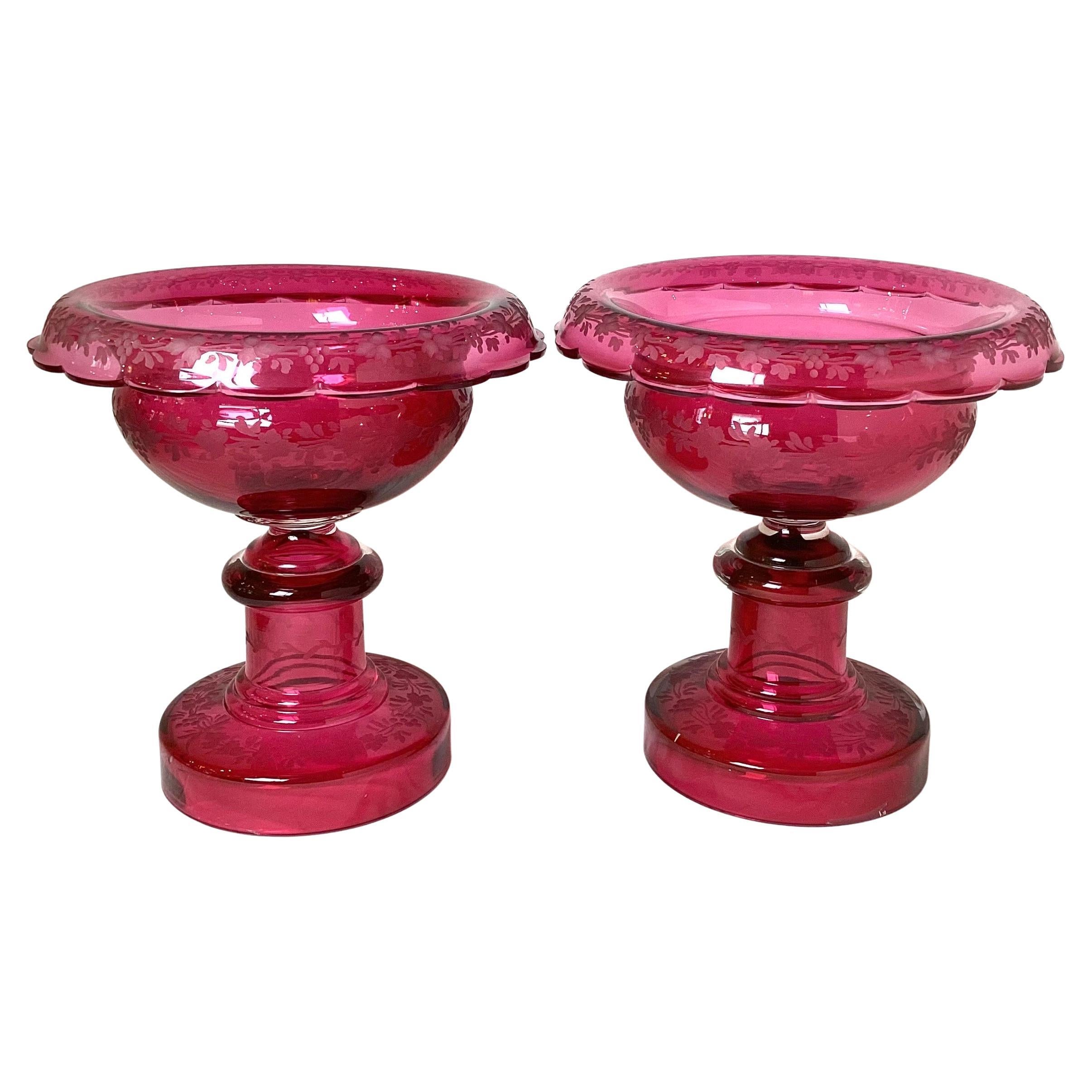 Pair of 19th Century Victorian Cranberry Glass Pedestal Bowl Compotes For Sale