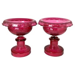 Antique Pair of 19th Century Victorian Cranberry Glass Pedestal Bowl Compotes