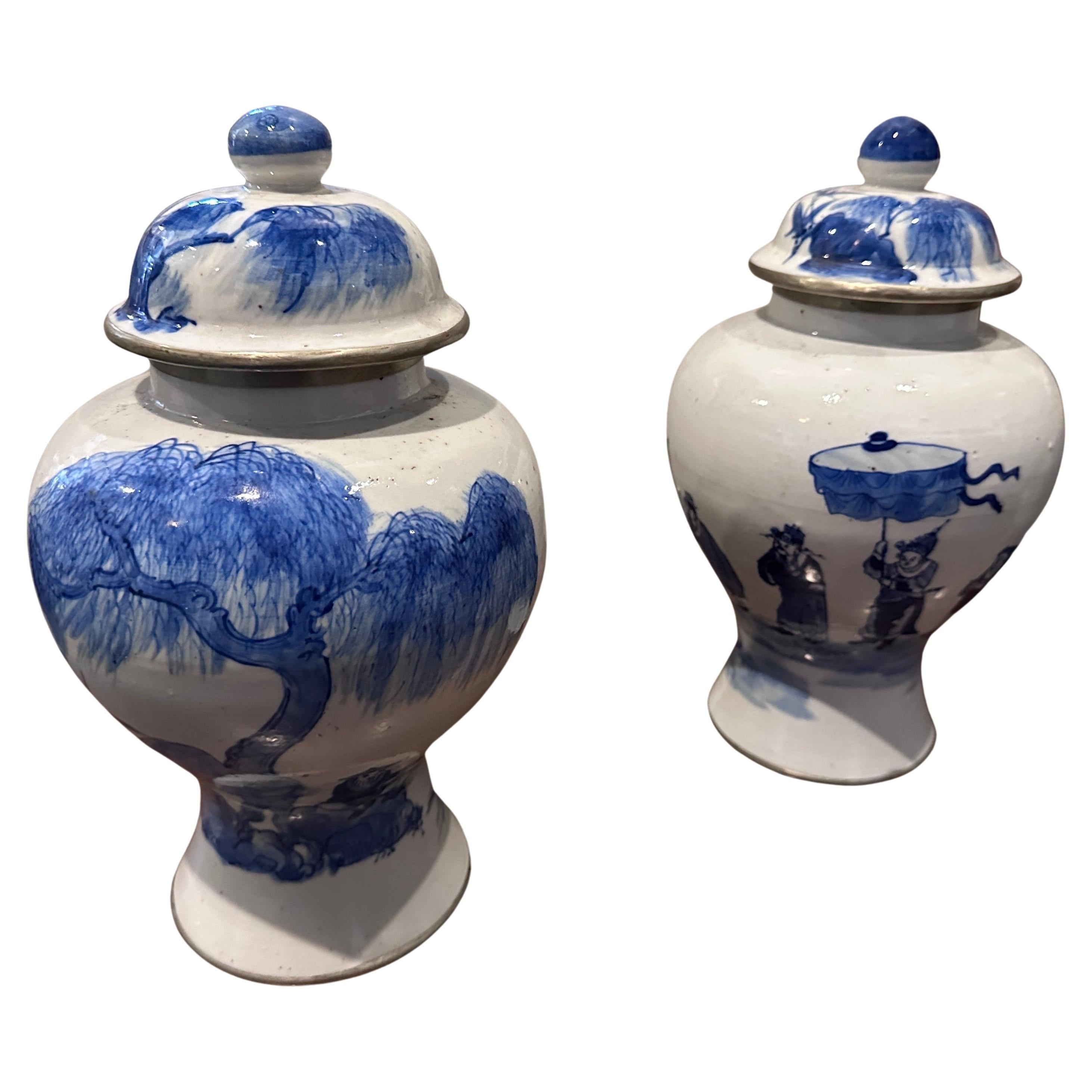 A pair of white and blue porcelain ginger jars manufactured and hand-painted in China with traditional chinese motifs in the late 19th-century in very good conditions overall. These motifs are meticulously painted with fine brushwork, showcasing the