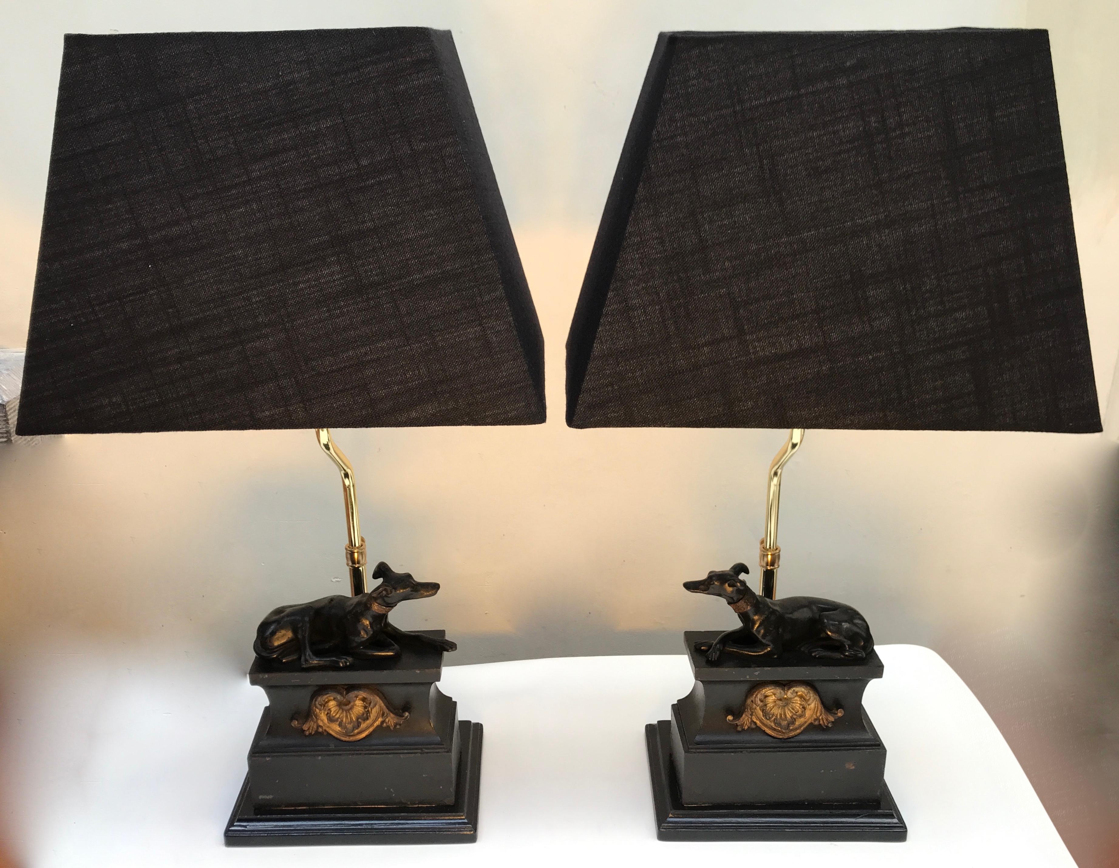 A pair of lamps made from French Empire Period statues of greyhounds. The statues were originally made to adorn chenets and retain the original paint and gilding.
The lamps without the shades: 38 cm H x 18 cm W x 12.50 D cm (15