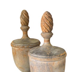Pair of 19th Turned Wood Architectural Finials of Urn Form, Early Paint