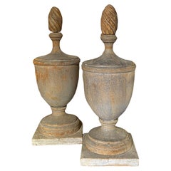 Pair of 19th Turned Wood Architectural Finials of Urn Form, Early Paint
