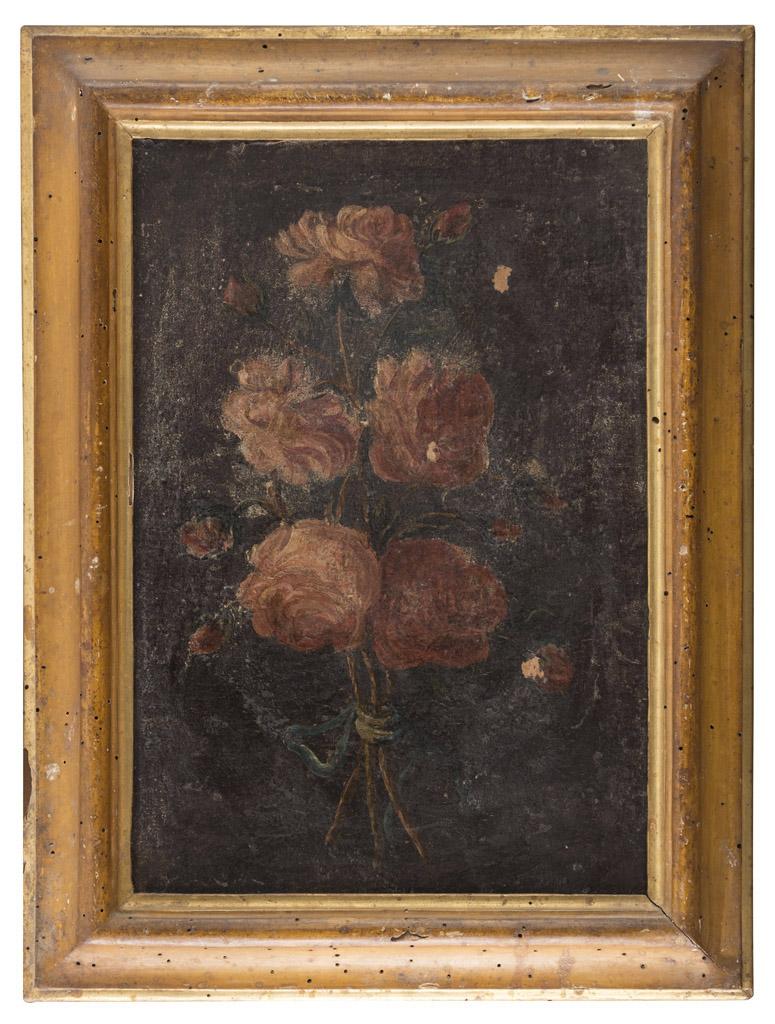 Painted in oils and tempura on canvas and presented in their original moulded and gilded frames, the pair of works, of slightly differing sizes, depicting bunches of red roses each tied with green ribbons, on ebony grounds, and surviving from the