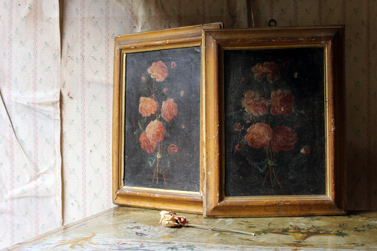 Hand-Painted Pair of 19th Century Italian School Oil & Tempura on Canvas Studies of Roses