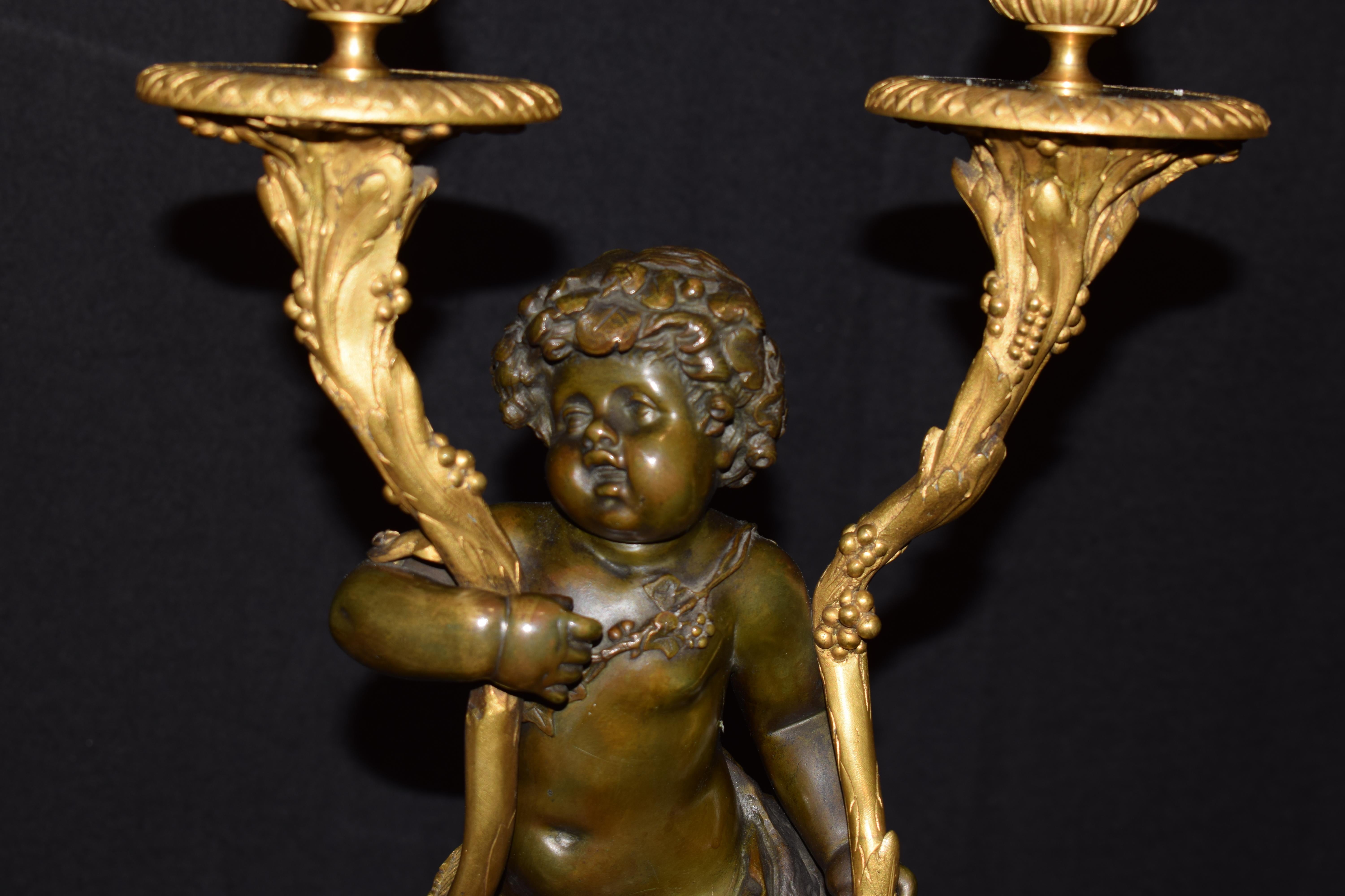 Marble Pair of 2 Light Candelabra with Children For Sale