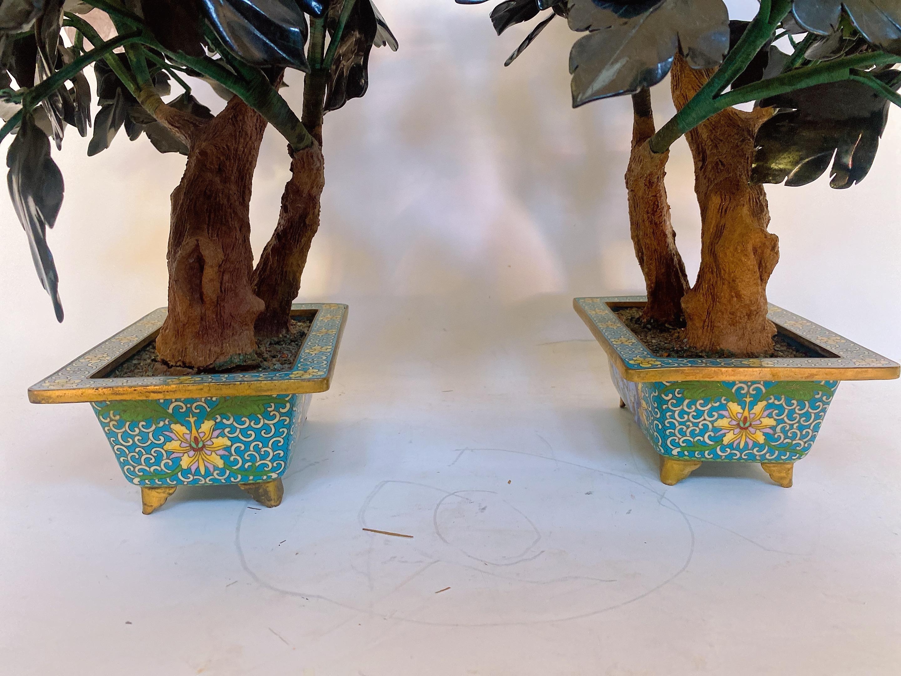 Pair of 20'' Chinese Jade Bonsai Tree in Gilt Cloisonné Pot For Sale 9