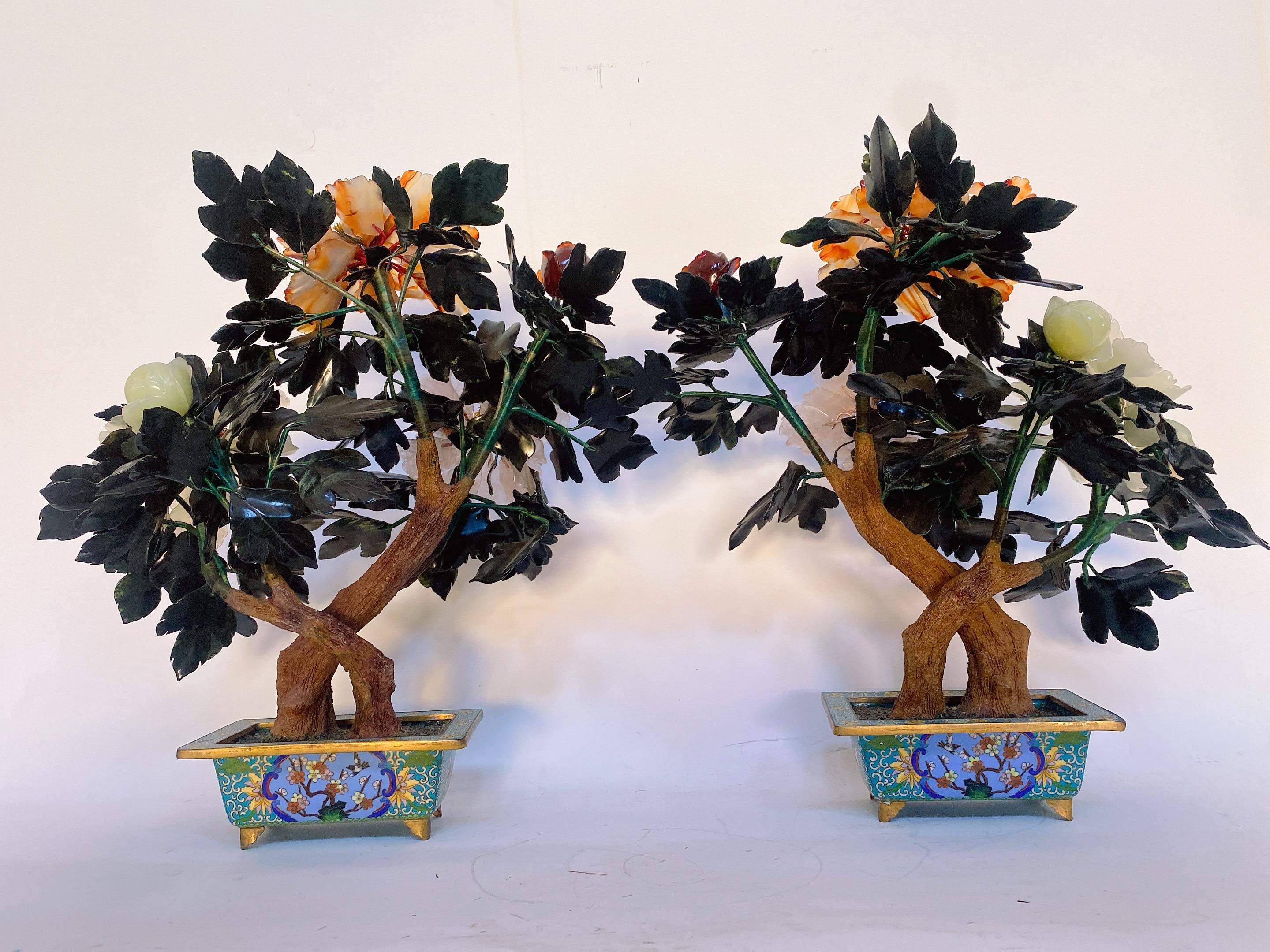 Pair of 20'' Chinese Jade Bonsai Tree in Gilt Cloisonné Pot For Sale 11
