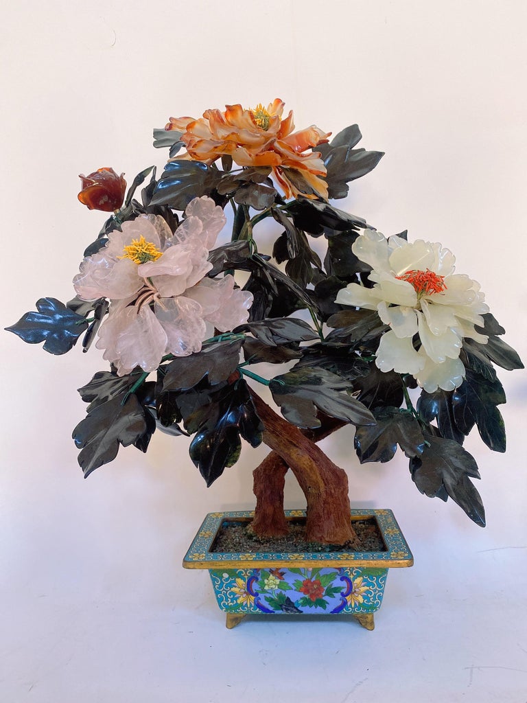 Pair of Chinese Jade Bonsai Tree in Gilt Cloisonné Pot For Sale at 1stDibs