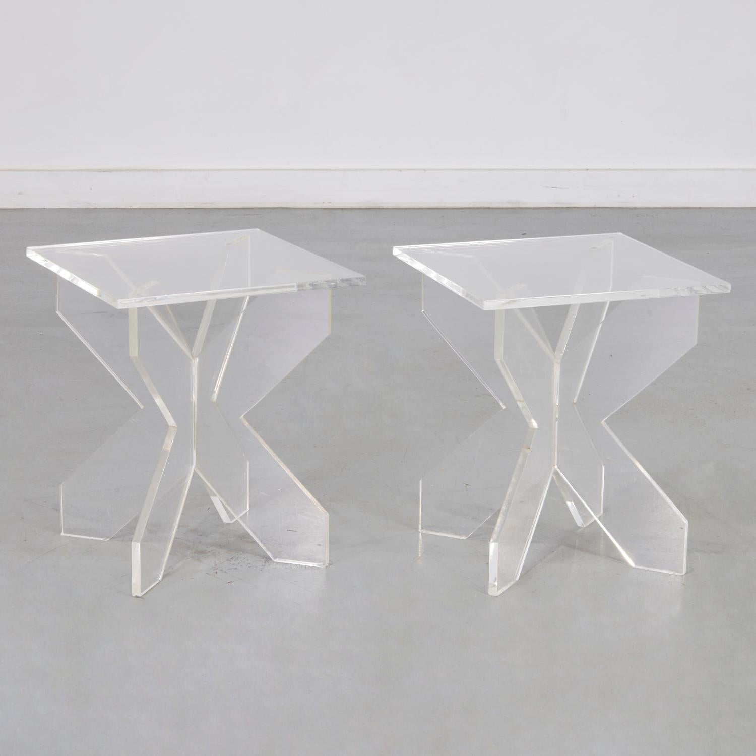Molded A Pair of 20th c. Custom Lucite Side Tables on an X-Base For Sale