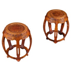 A Pair of 20th Century Chinese Burr Elm Hongmu Barrel Stools