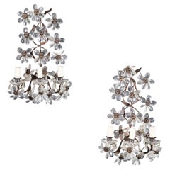 A Pair of 20th Century Cut Glass Flower Three Arm Wall Sconces